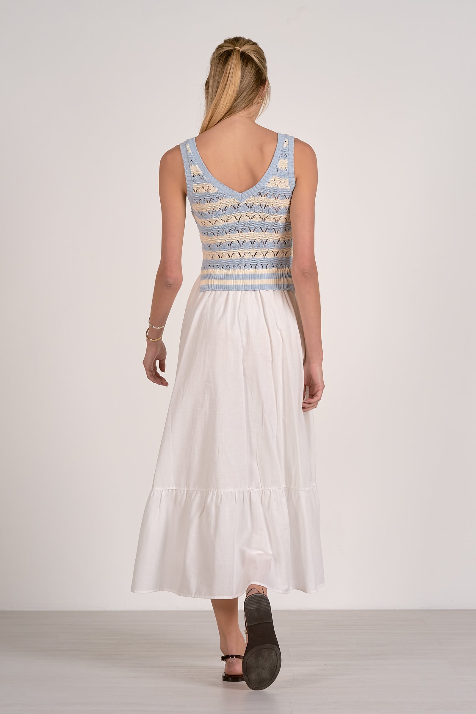 Knit & Woven Mix Midi Dress - White Blue Stripe