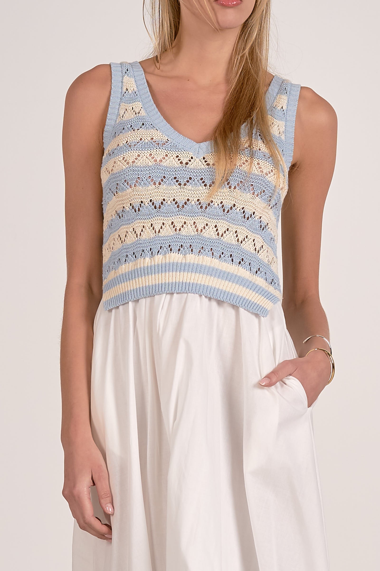 Knit & Woven Mix Midi Dress - White Blue Stripe