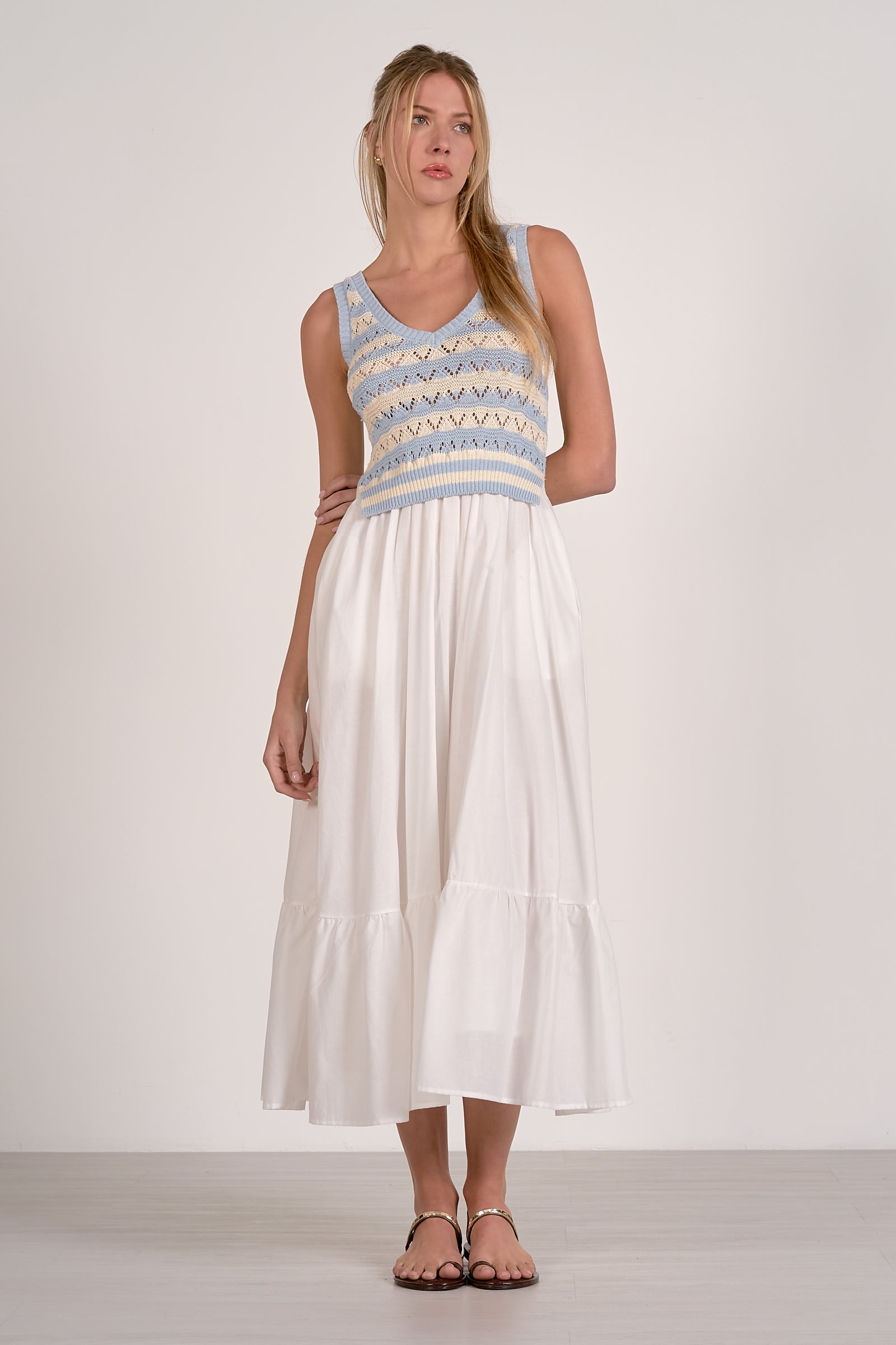 Knit & Woven Mix Midi Dress - White Blue Stripe