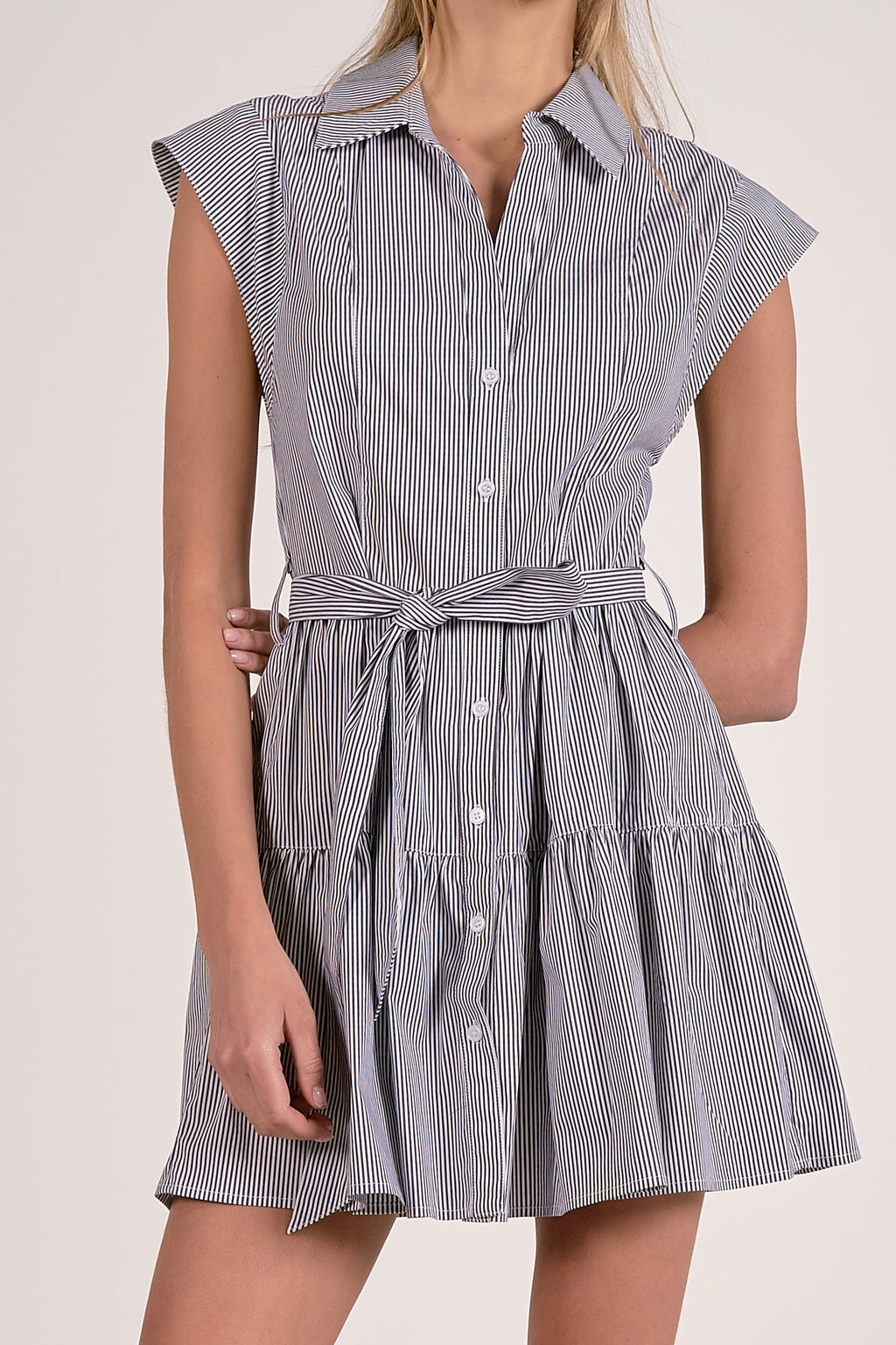 Cap Sleeve Button Up Dress With Tie Belt - Dark Navy Stripe