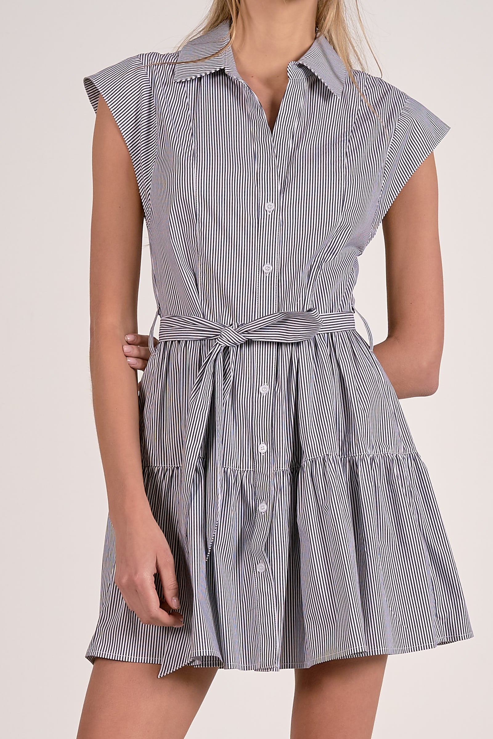 Cap Sleeve Button Up Dress With Tie Belt - Dark Navy Stripe