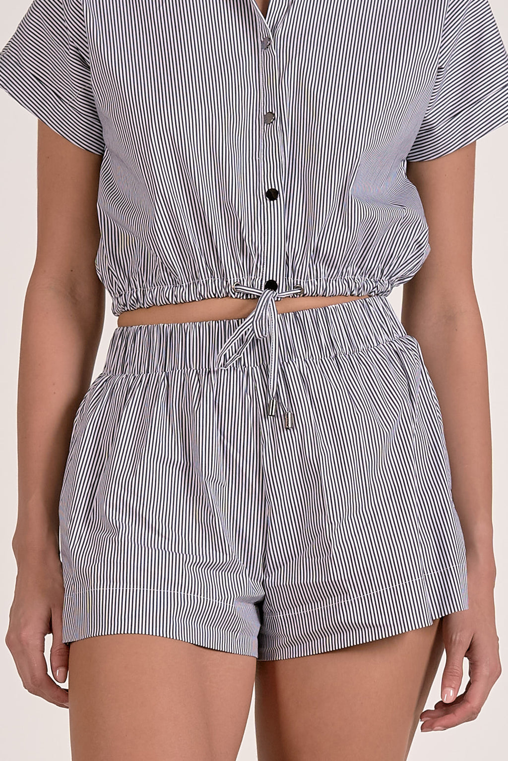 Short Sleeve Drawstring Waist Button Up Top - Dark Navy Stripe
