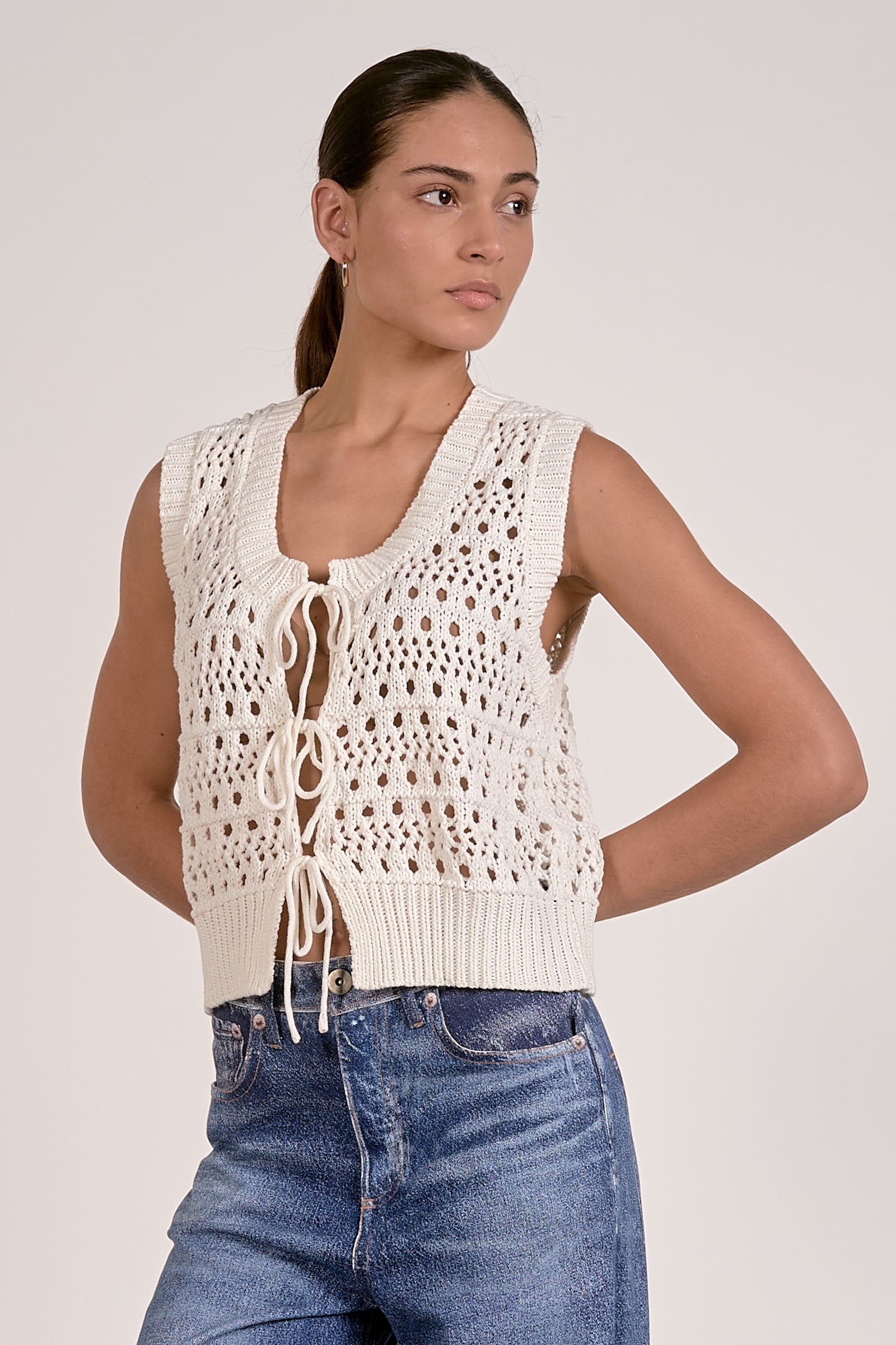 Tie Front Sweater Vest - White