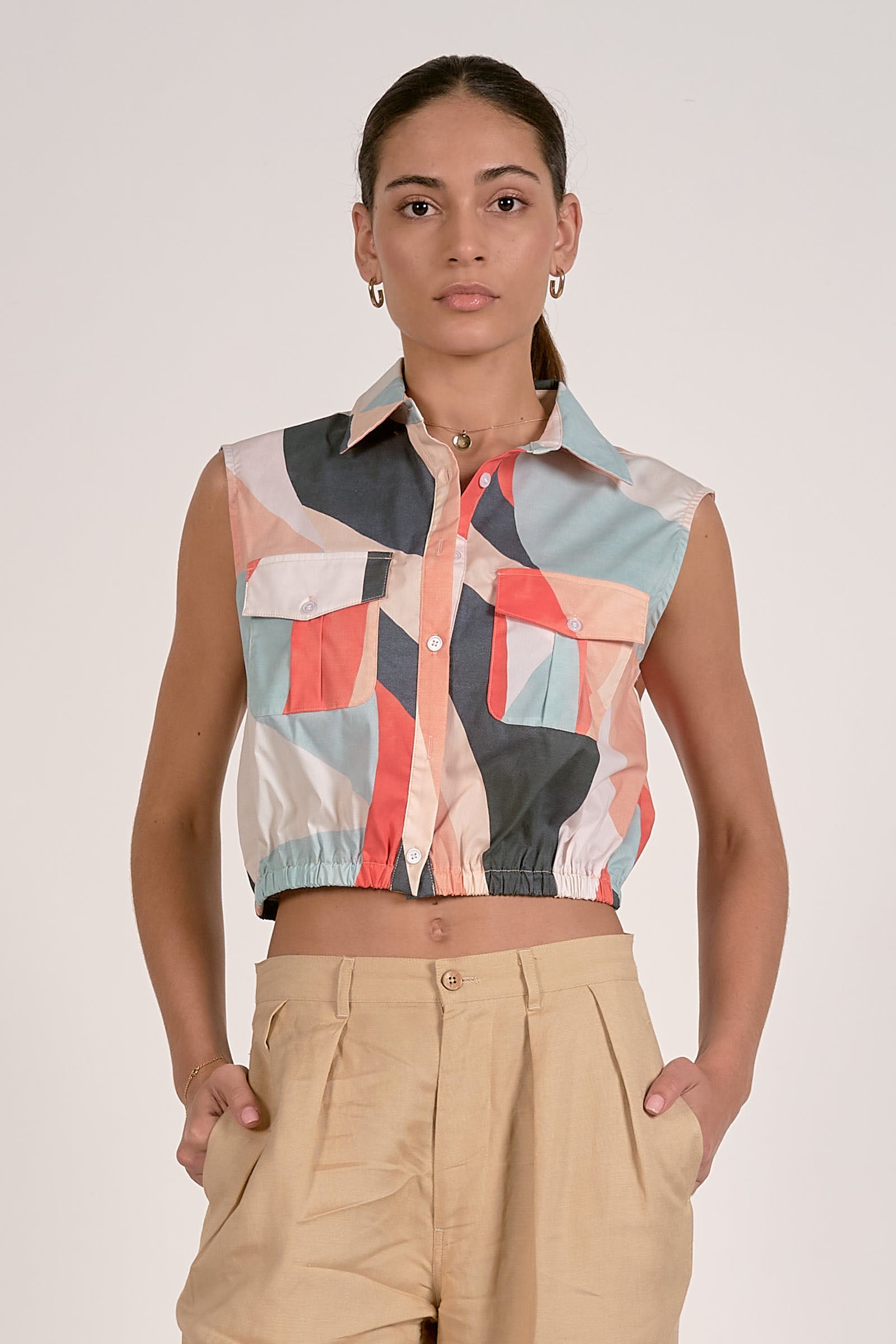 Sleeveless Button Up Top With Elastic Waist - Multi Prism