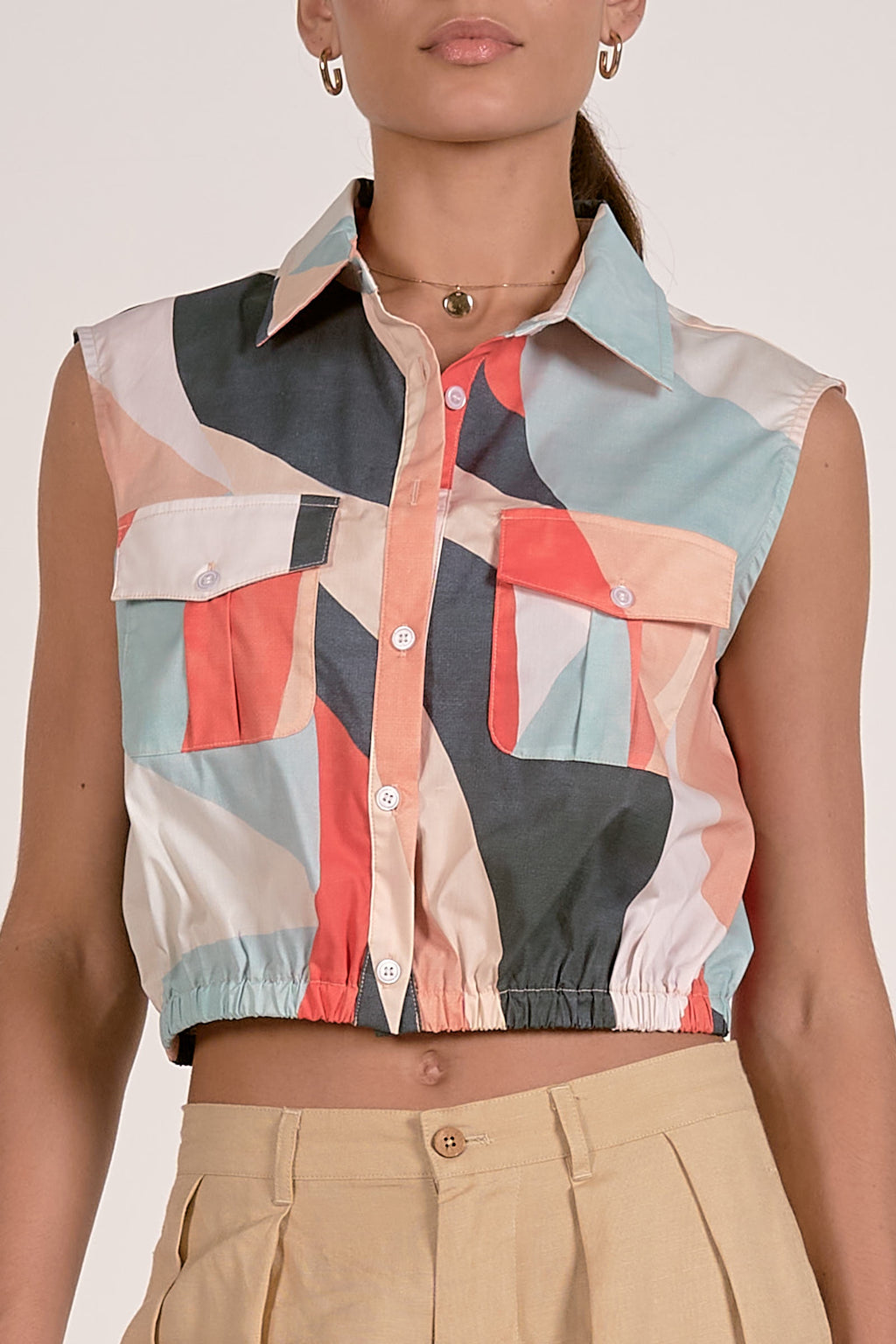 Sleeveless Button Up Top With Elastic Waist - Multi Prism