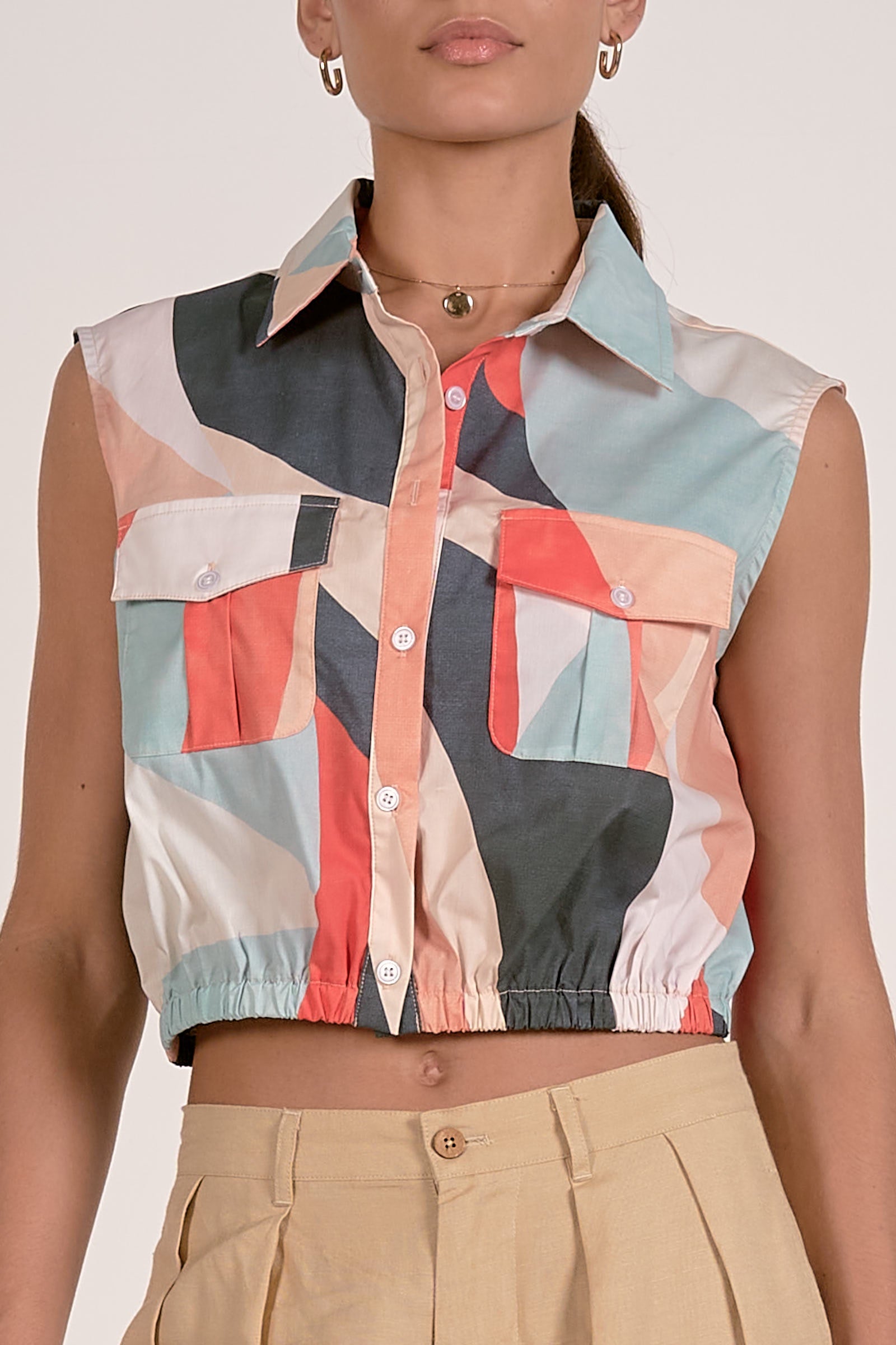 Sleeveless Button Up Top With Elastic Waist - Multi Prism