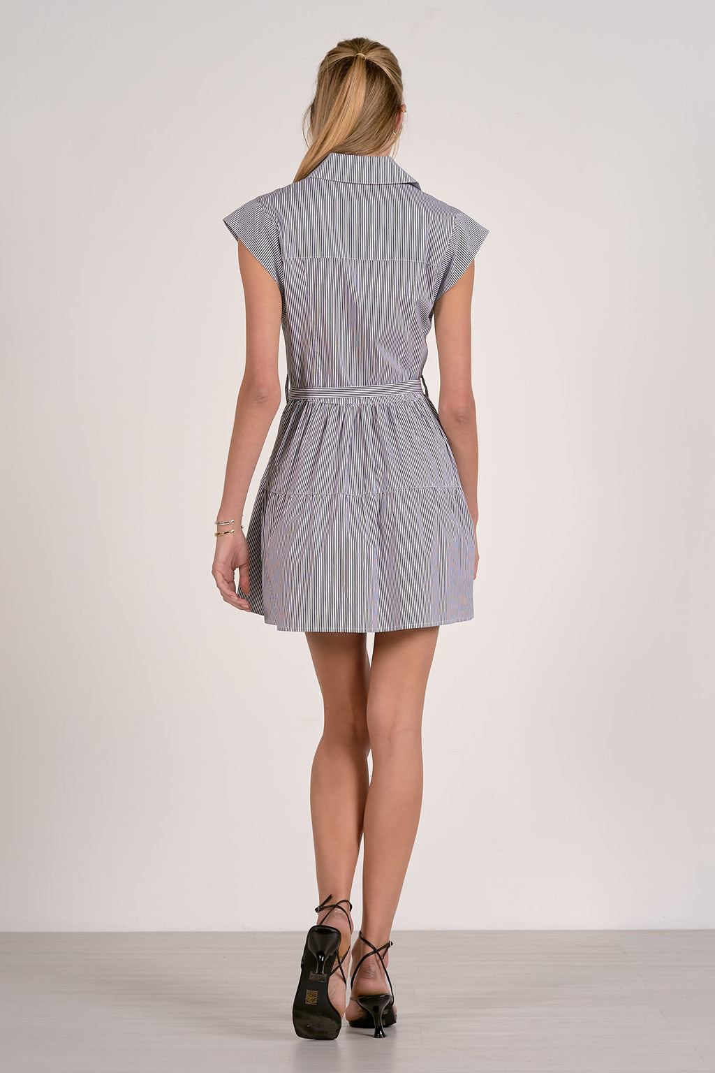 Cap Sleeve Button Up Dress With Tie Belt - Dark Navy Stripe