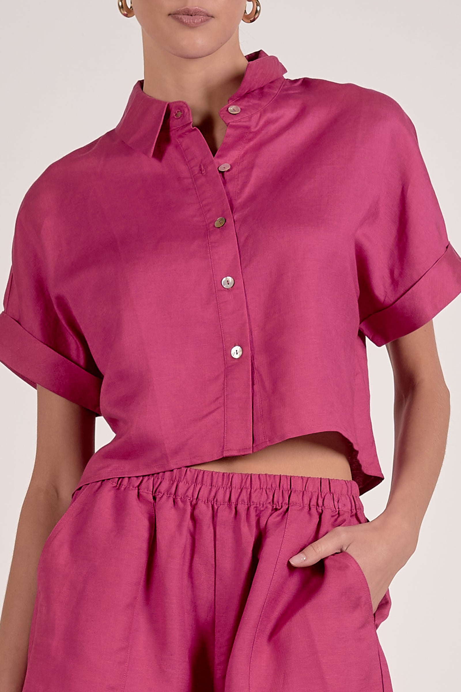 Short Sleeve Button Down Top - Fuchsia