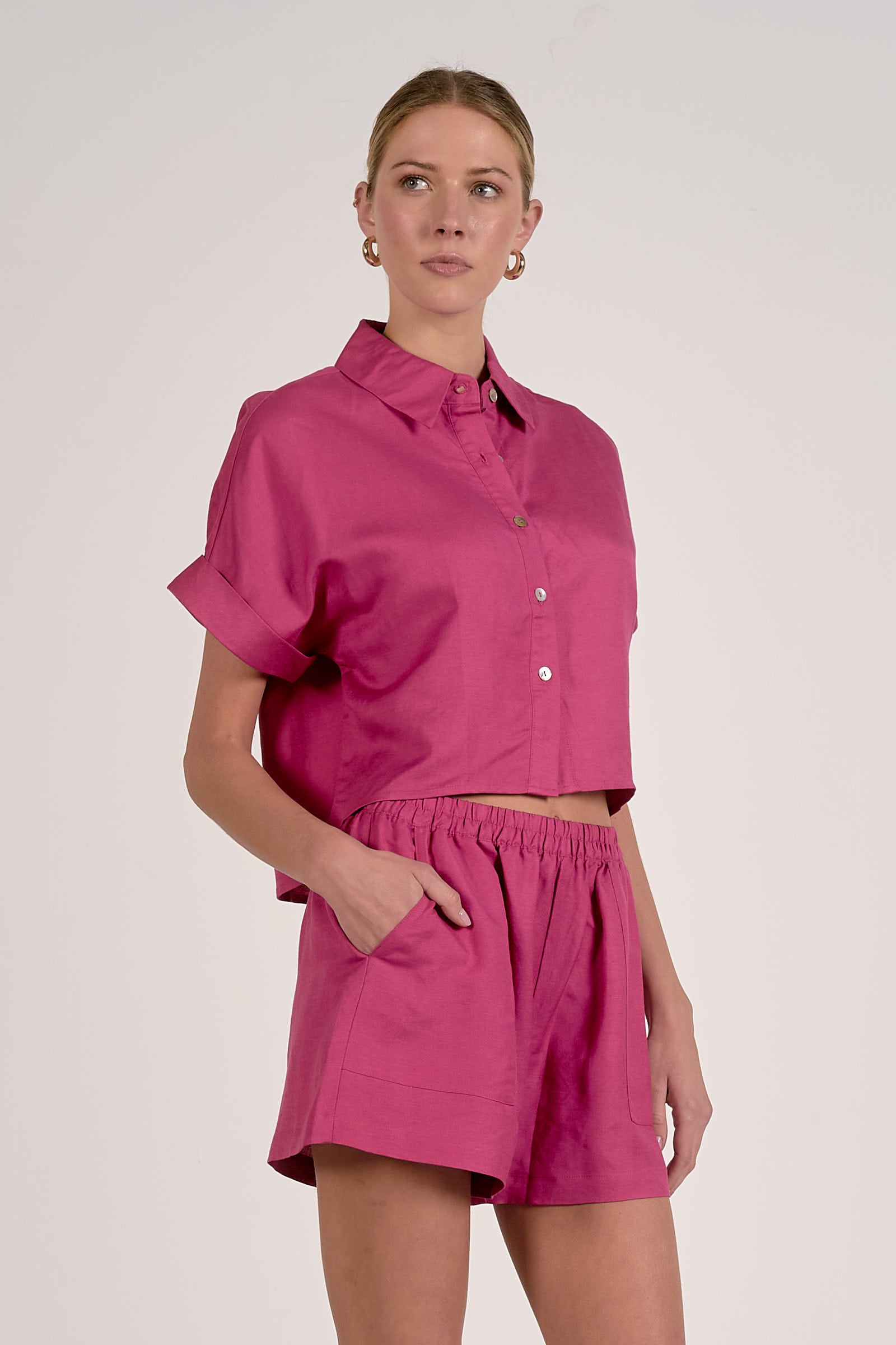 Short Sleeve Button Down Top - Fuchsia