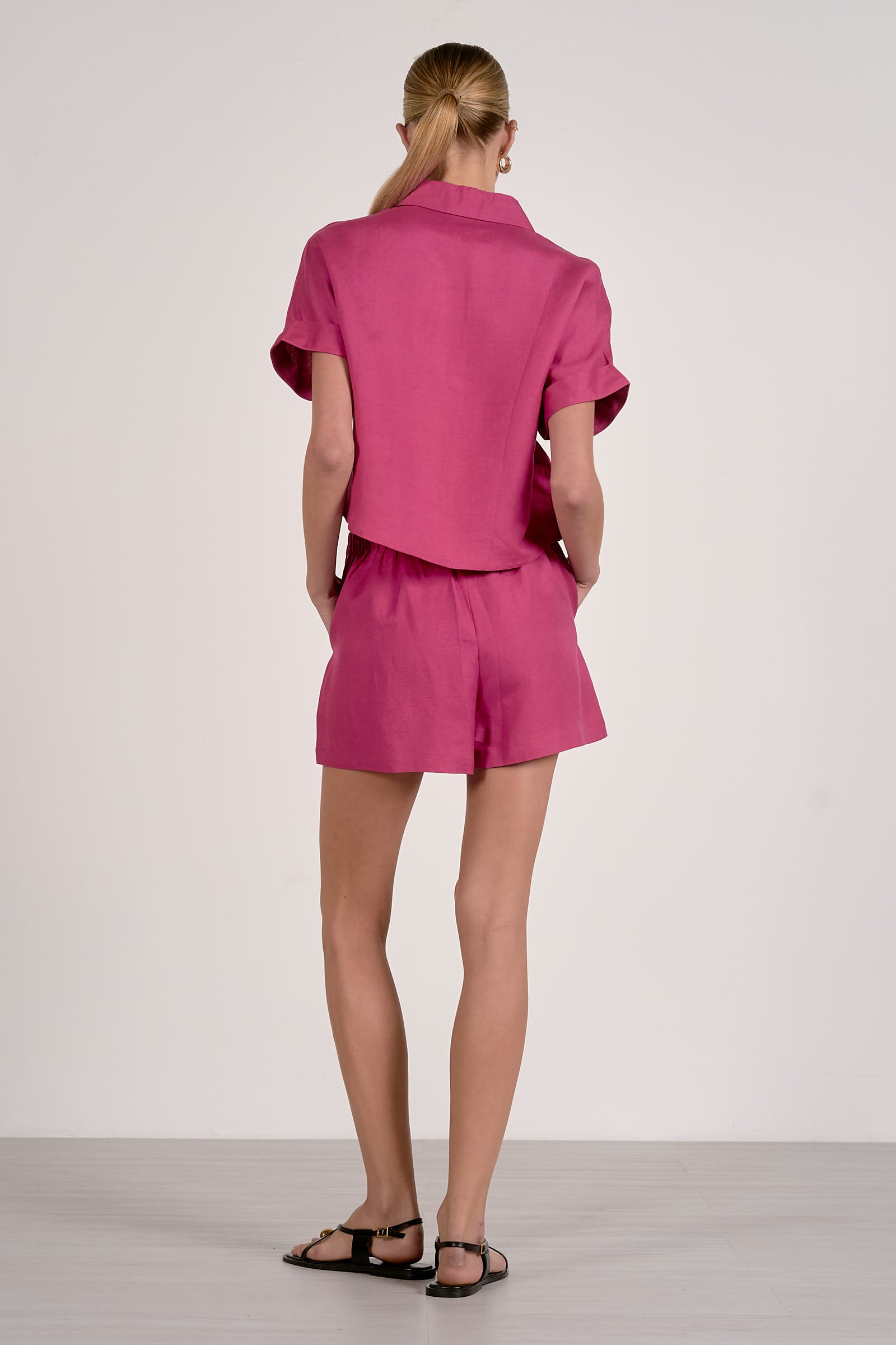 Short Sleeve Button Down Top - Fuchsia