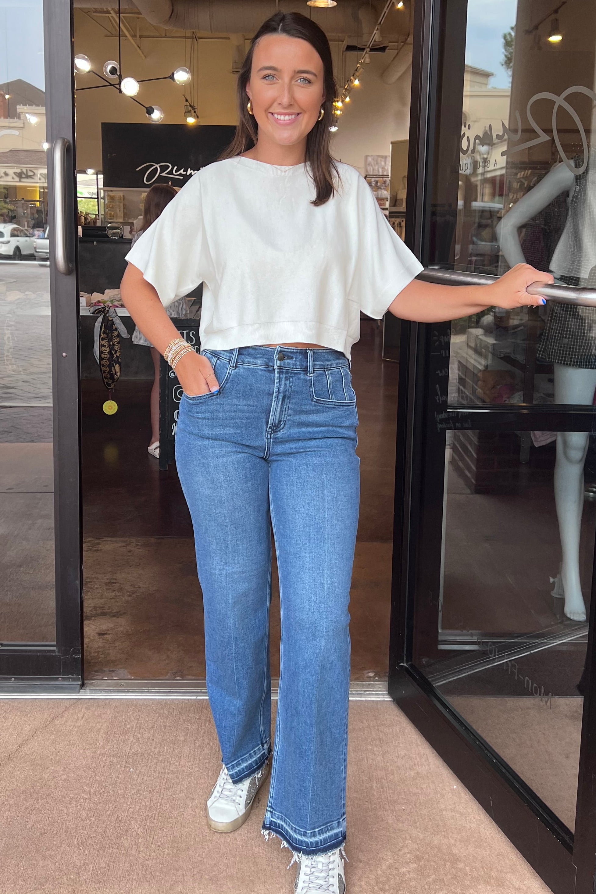 Light Knit Ribbed Hem Crop S/S Top - Panna Cotta