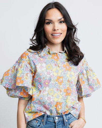 Floral London Button Ruffle Sleeve Top - Multi