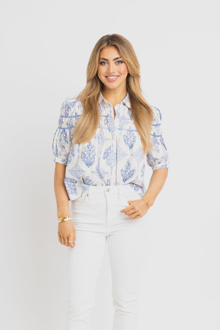 French Vintage Floral Button Down Top -  White/Blue