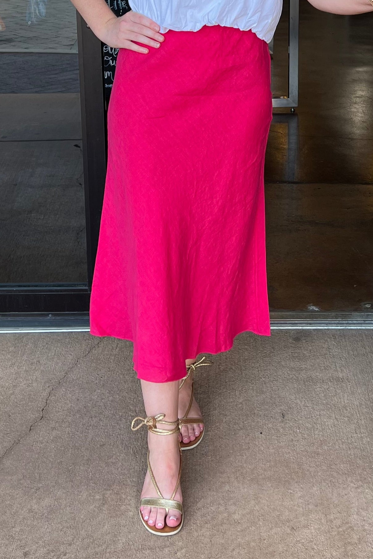 Linen Lace Trim Midi Skirt - Raspberry