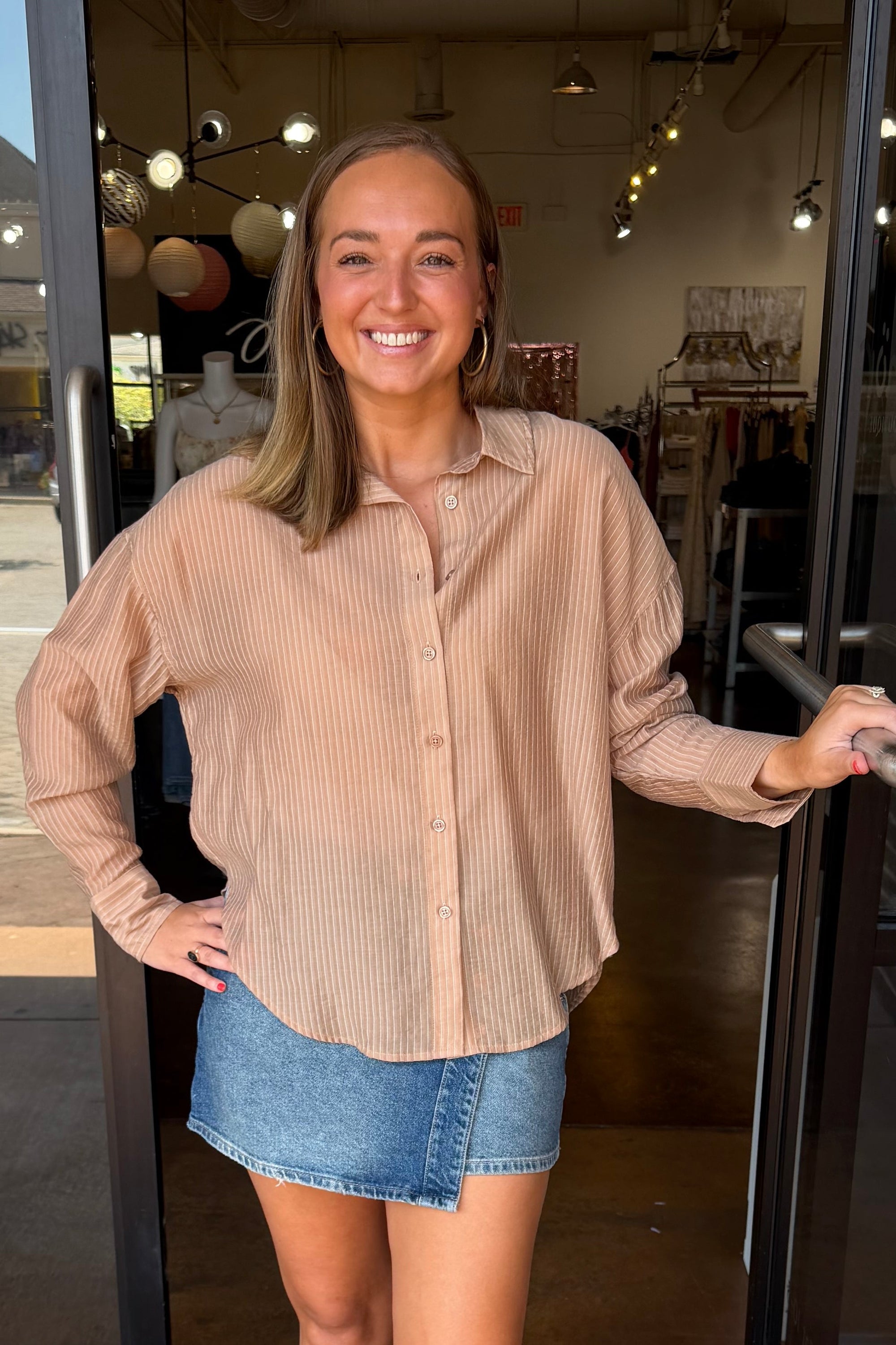 Button Down Pinstripe Shirt - Mocha