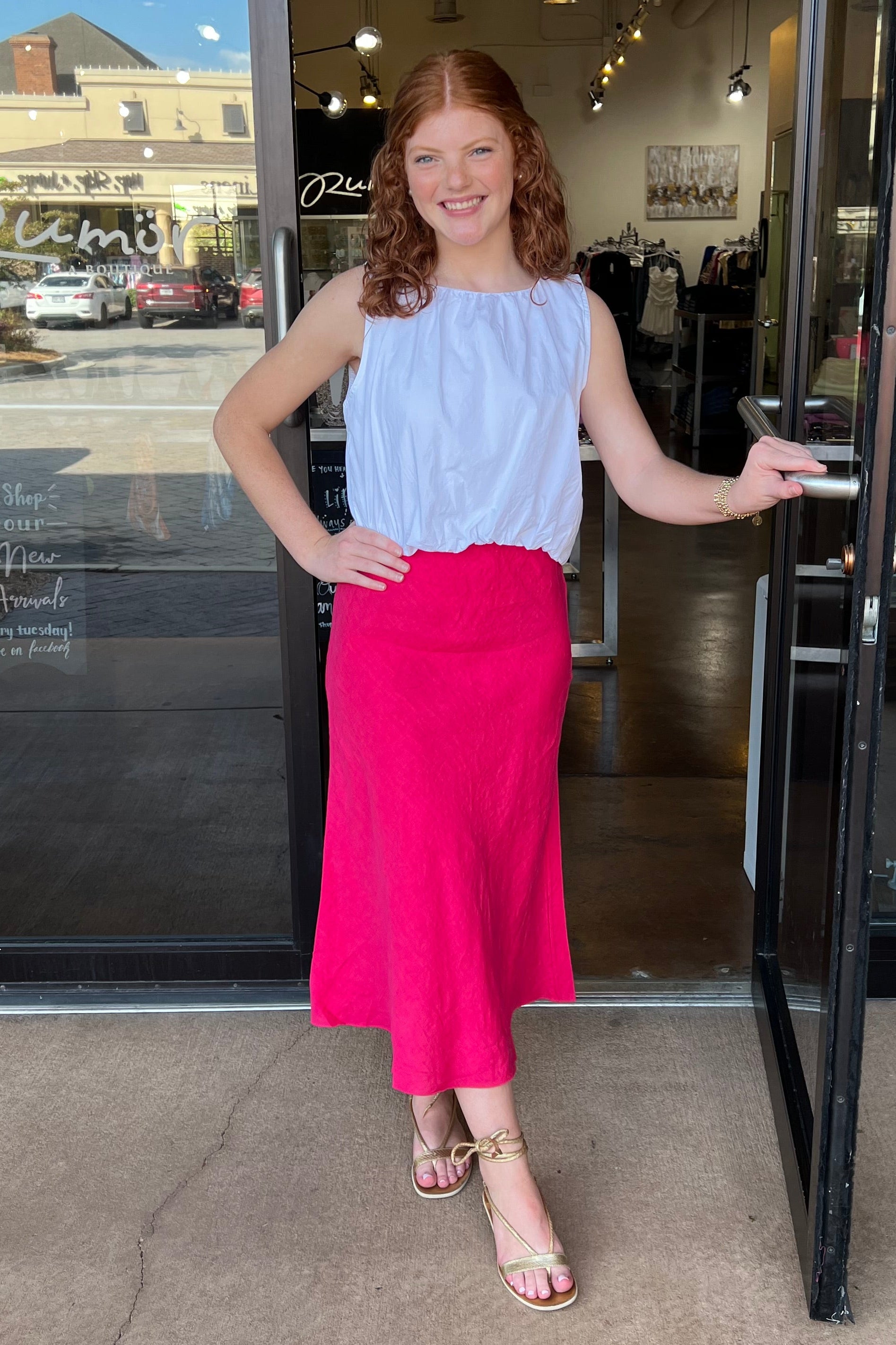 Linen Lace Trim Midi Skirt - Raspberry