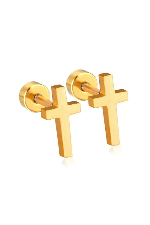 Catherine Cross Gold Screwback Stud Earrings