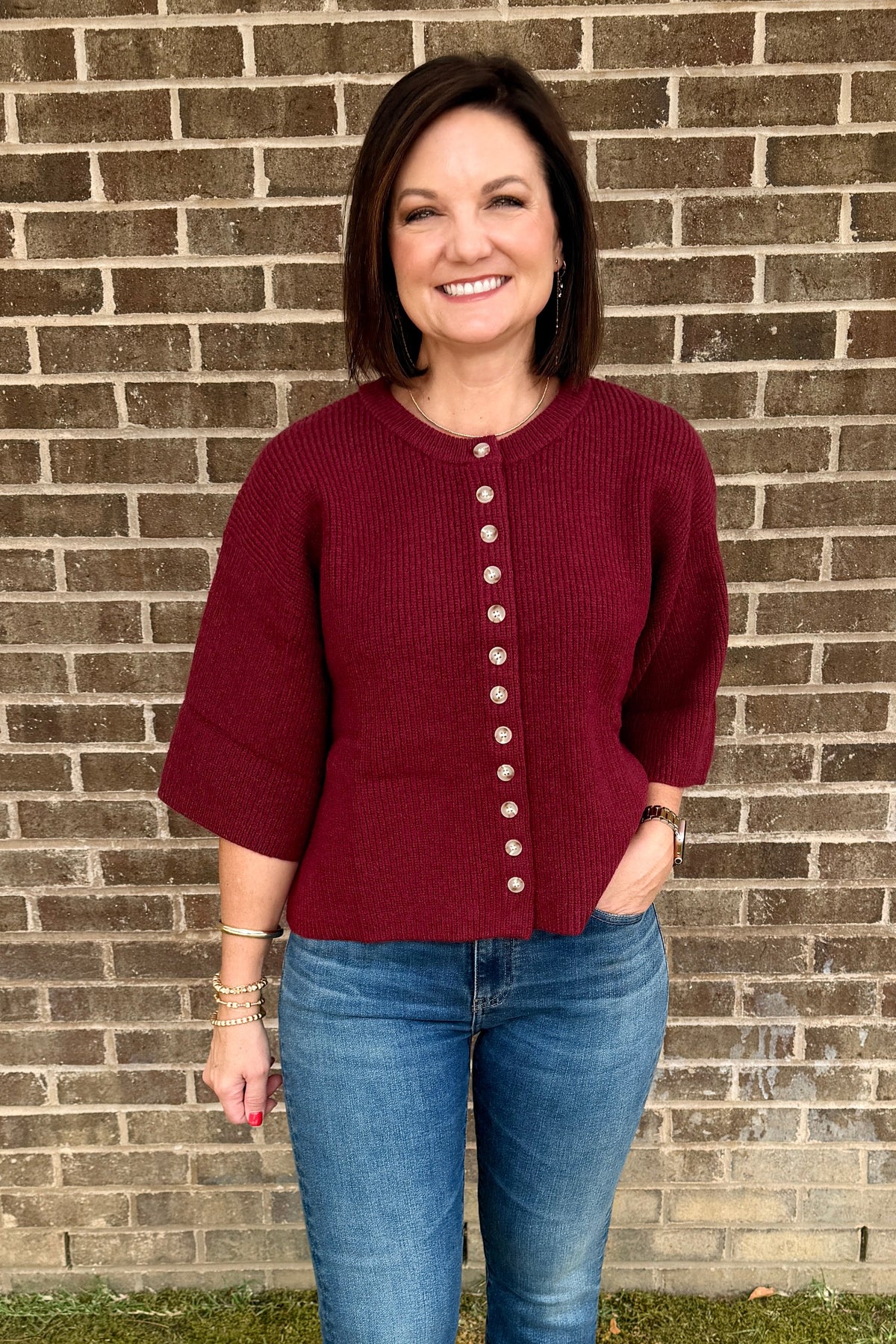 Short Sleeve Knit Cardigan - Burgundy
