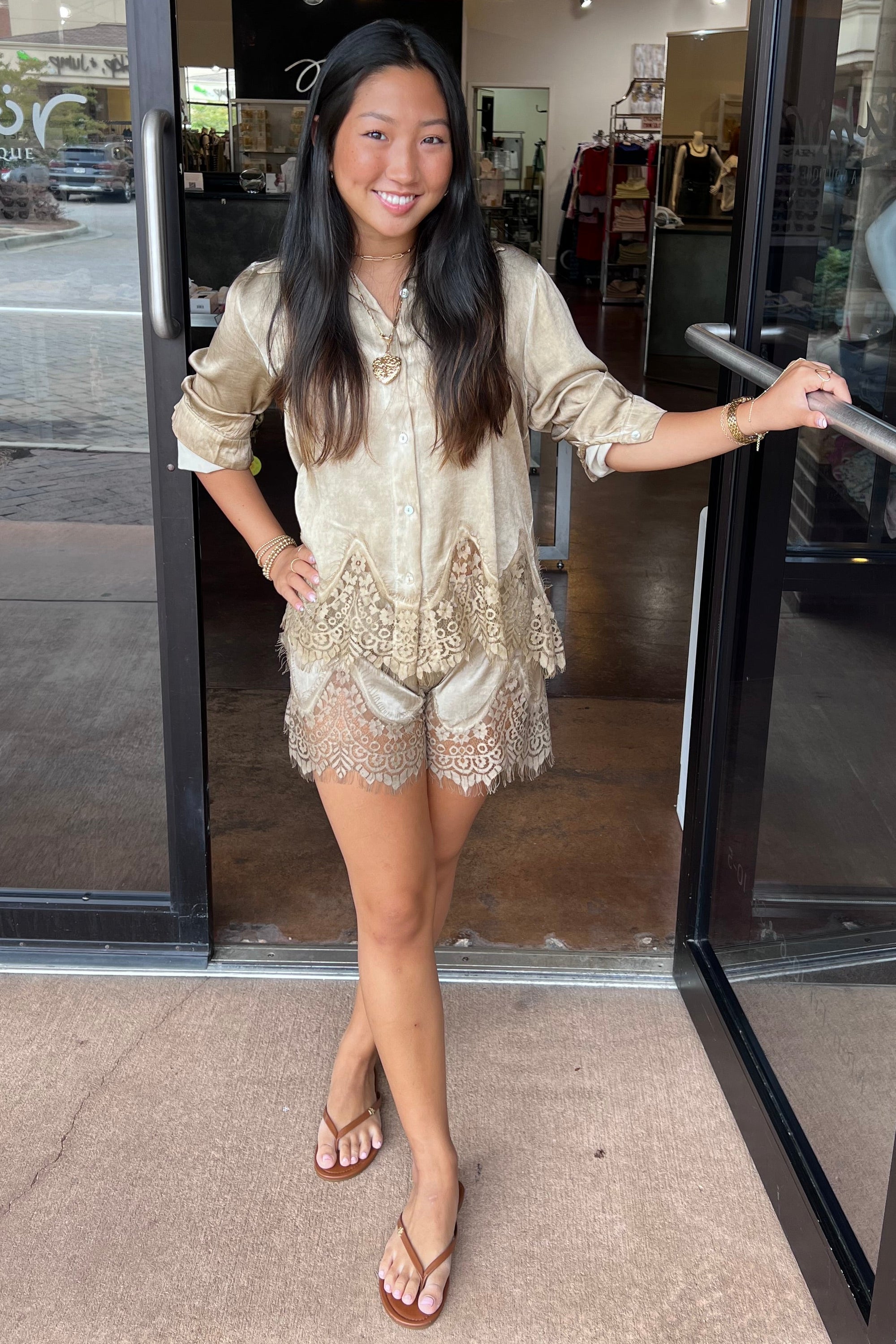 Lace Hem Long Sleeve Button Down Top - Camel