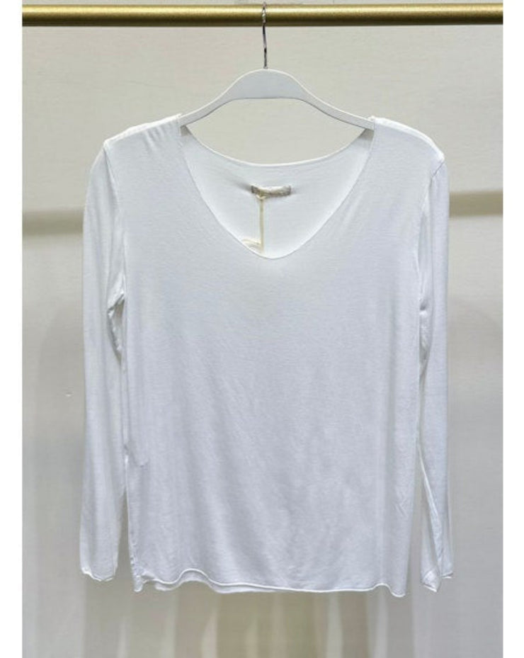 Long Sleeve Mineral Wash V-Neck Top - White