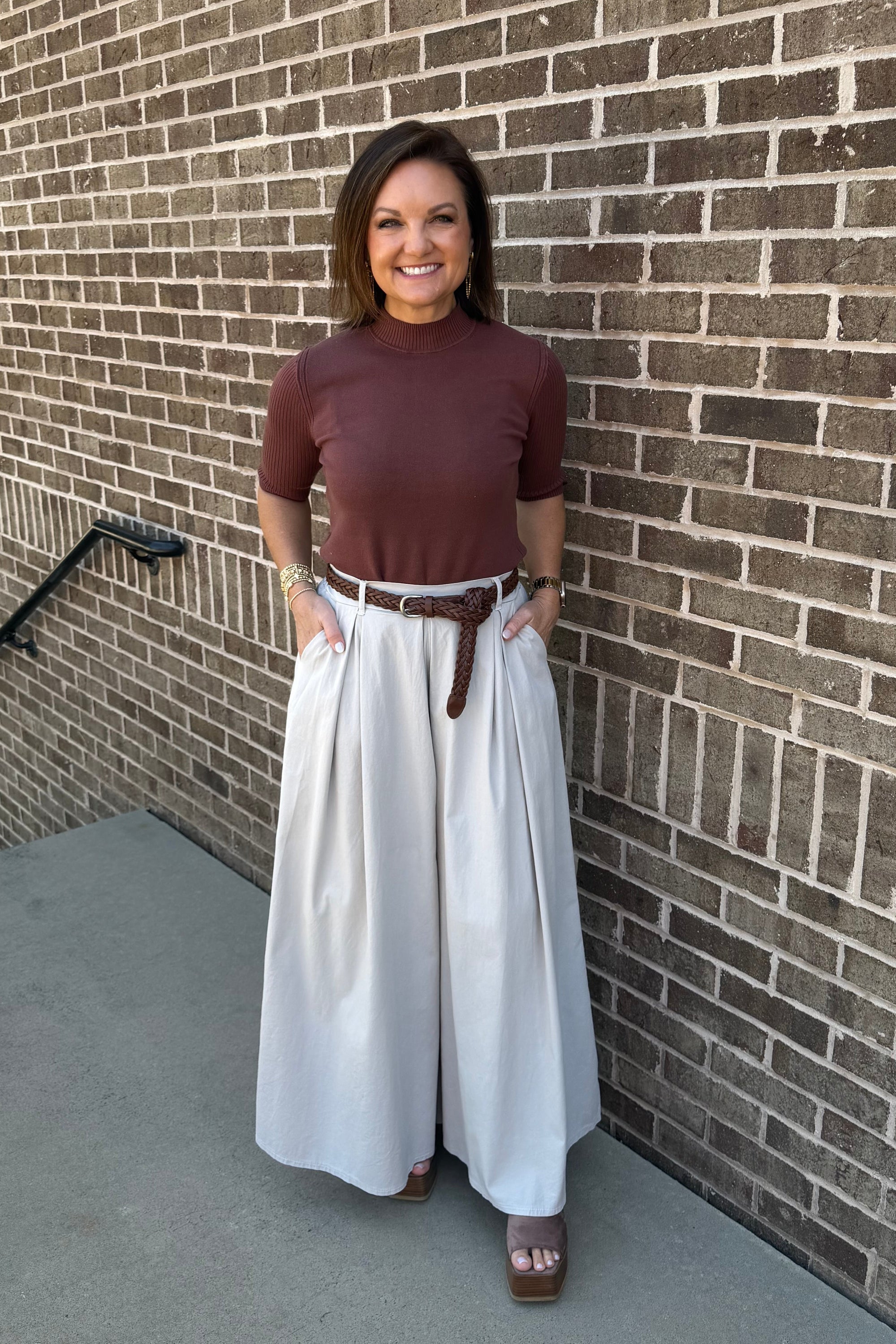 Wide Leg Plazzo Pant With Twist Belt - Beige