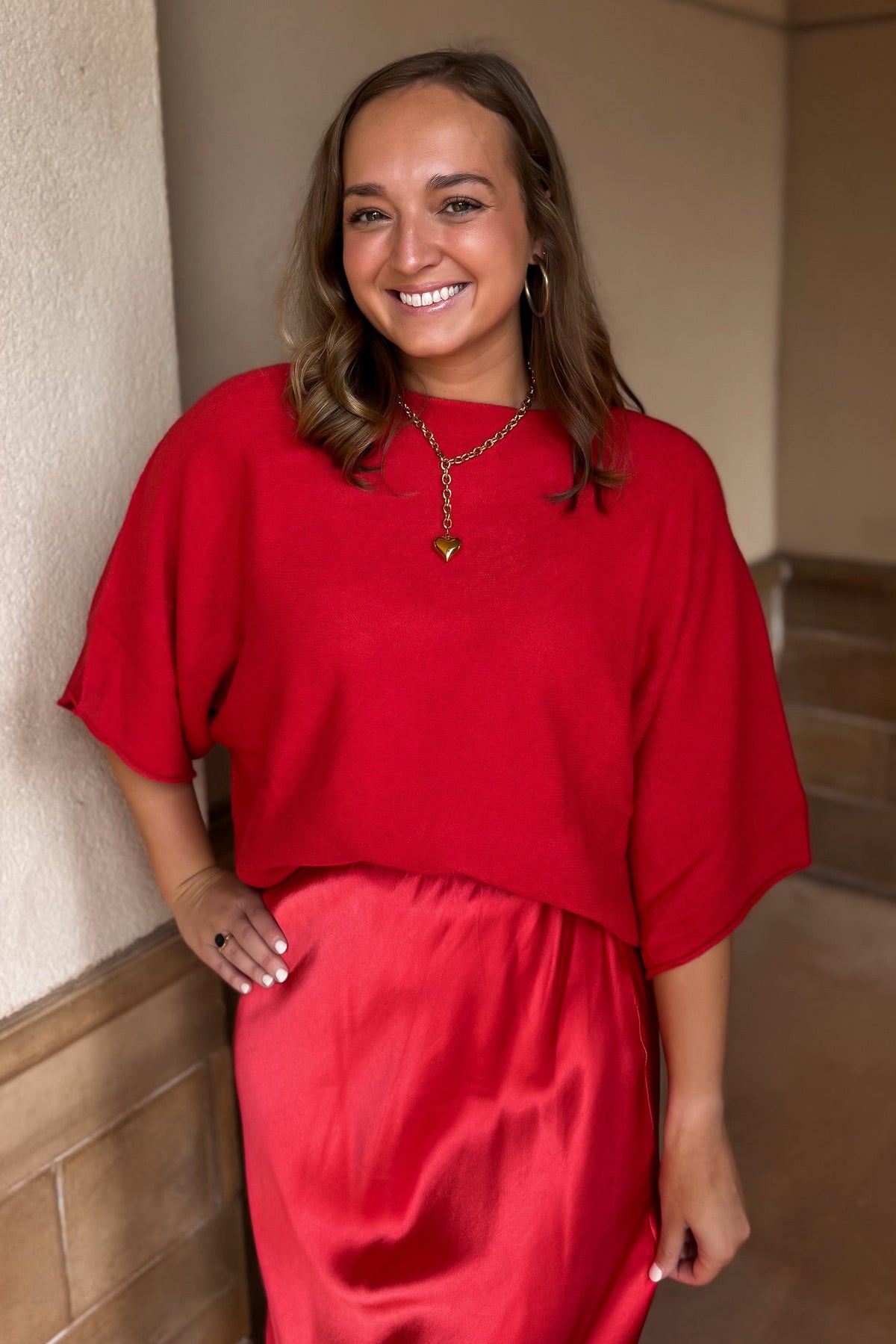 Crew Neck Batwing Sleeve Knit Top - Red