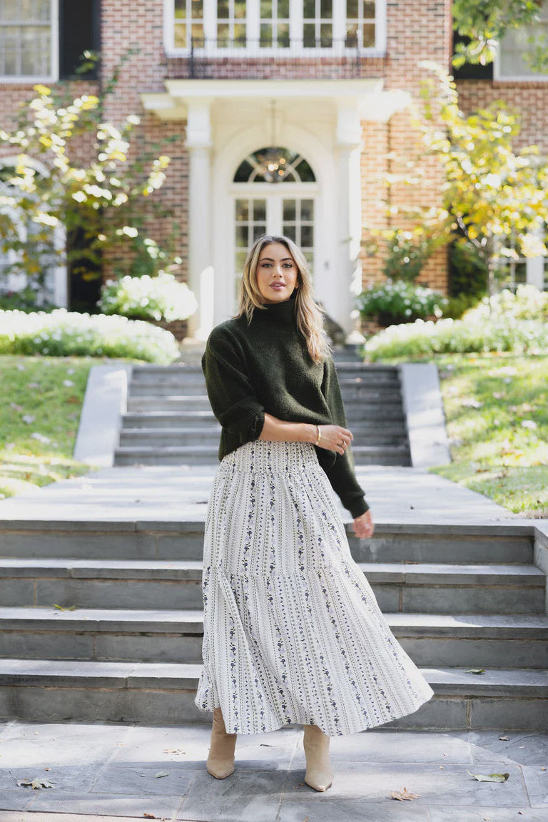 French Floral Tiered Maxi Skirt - White Multi