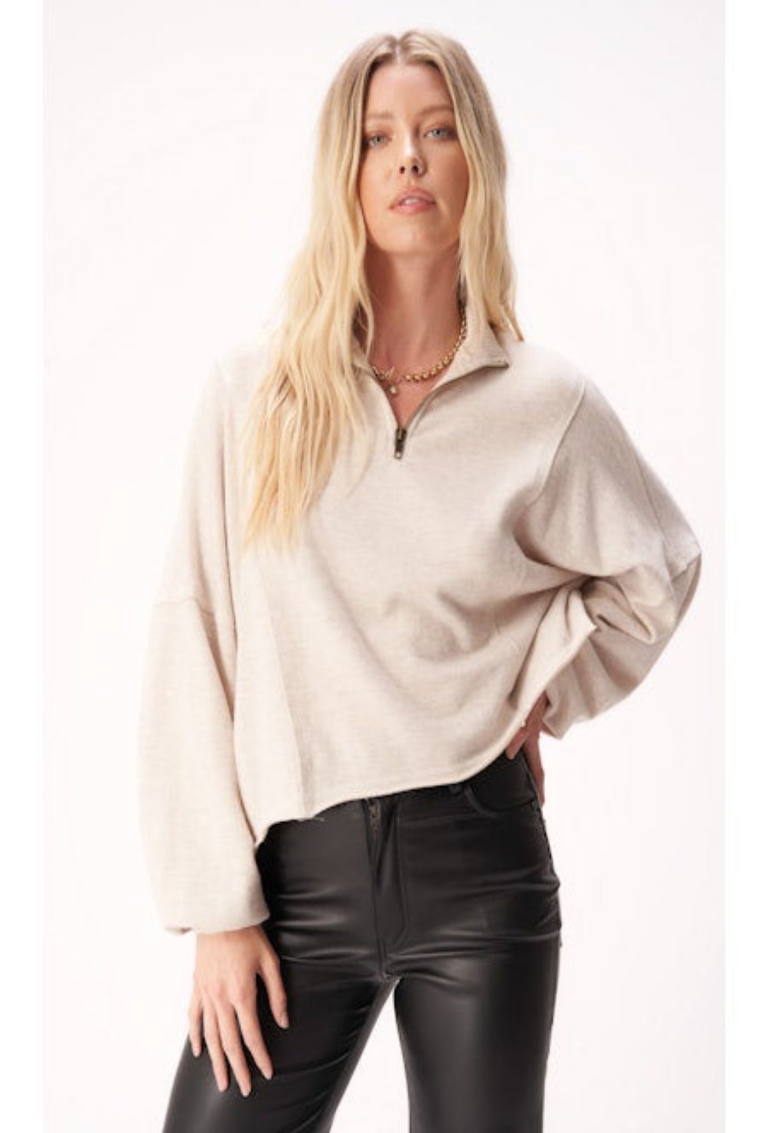 Ada Cozy Heathered Half Zip Long Sleeve - Oatmeal
