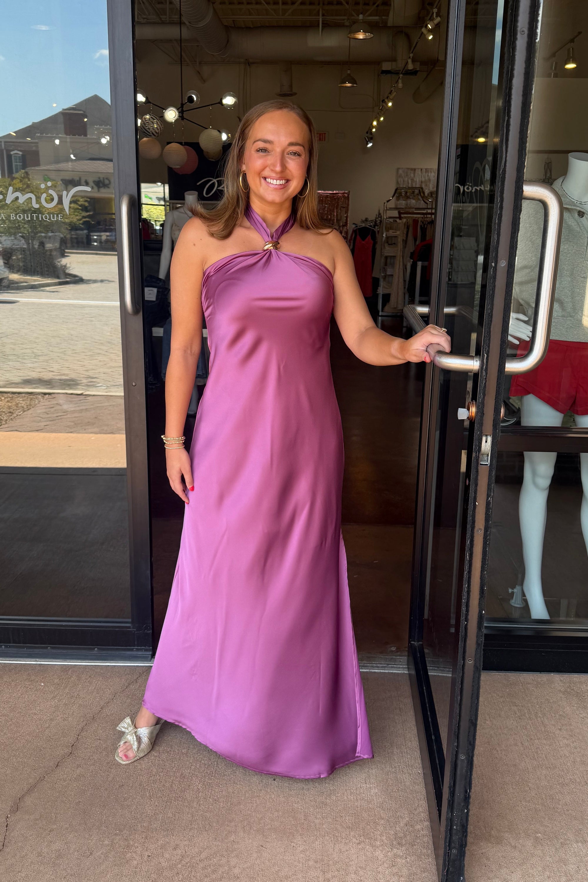Solid Satin Halter Maxi Dress - Purple