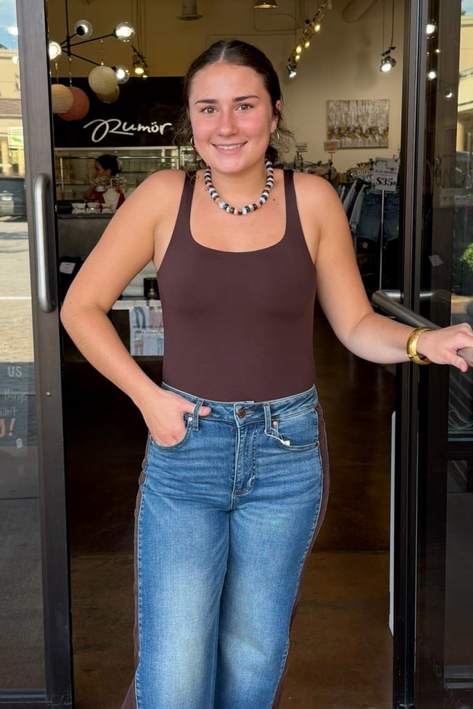 Solid Square Neck Tank Bodysuit - Chocolate