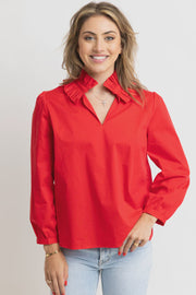 Solid Poplin Ruffle Neck Top - Red