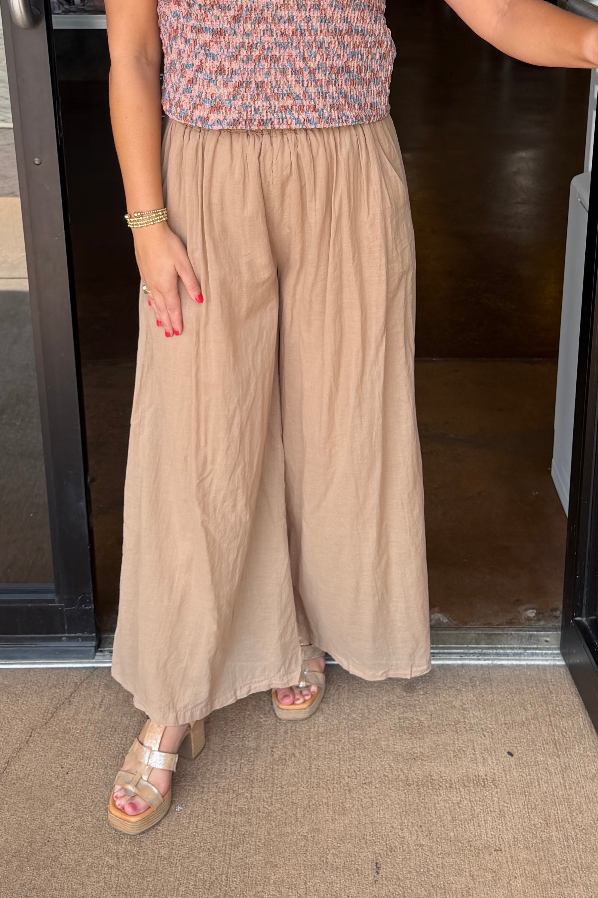 Wide Leg Cotton Palazzo Pants - Camel