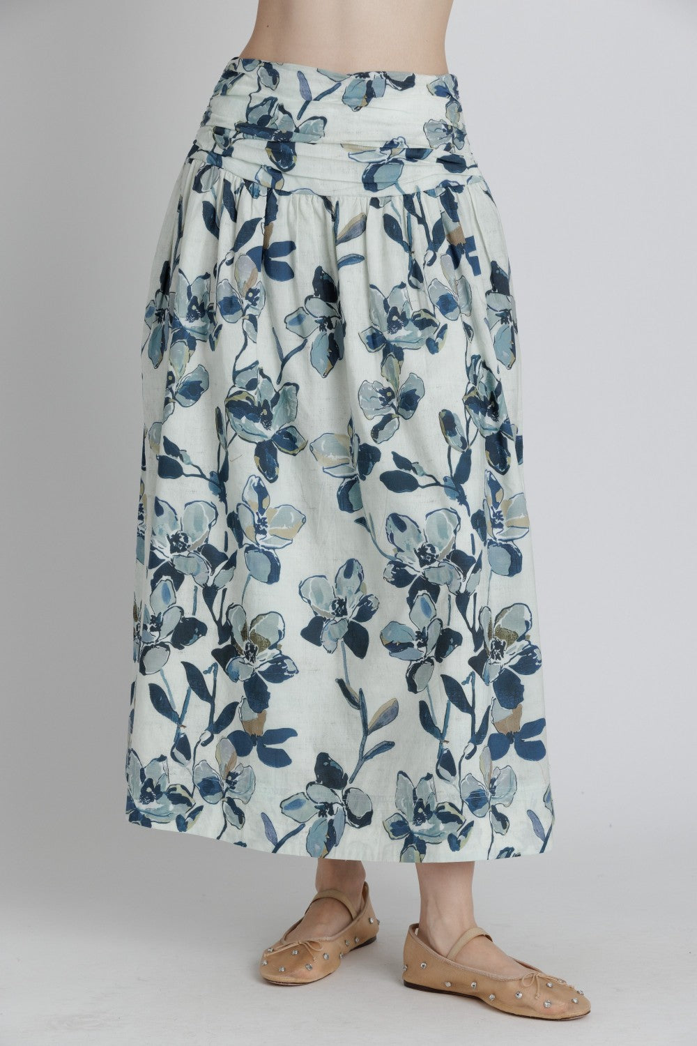Printed Shirred Maxi Skirt - Navy