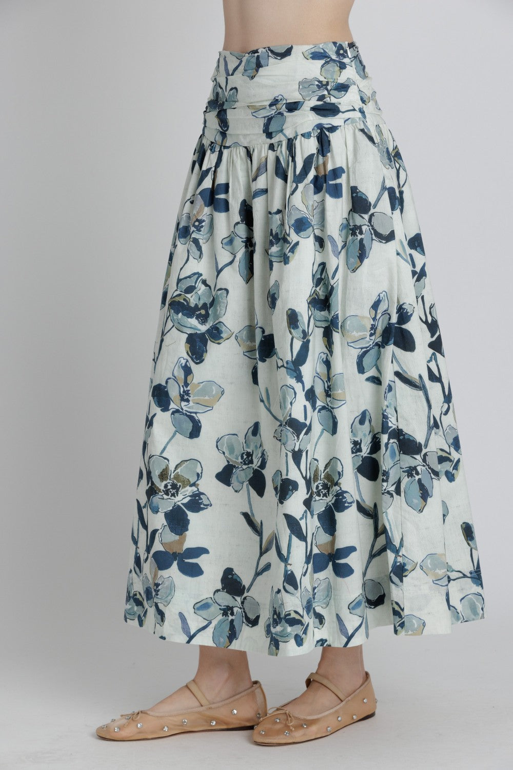 Printed Shirred Maxi Skirt - Navy