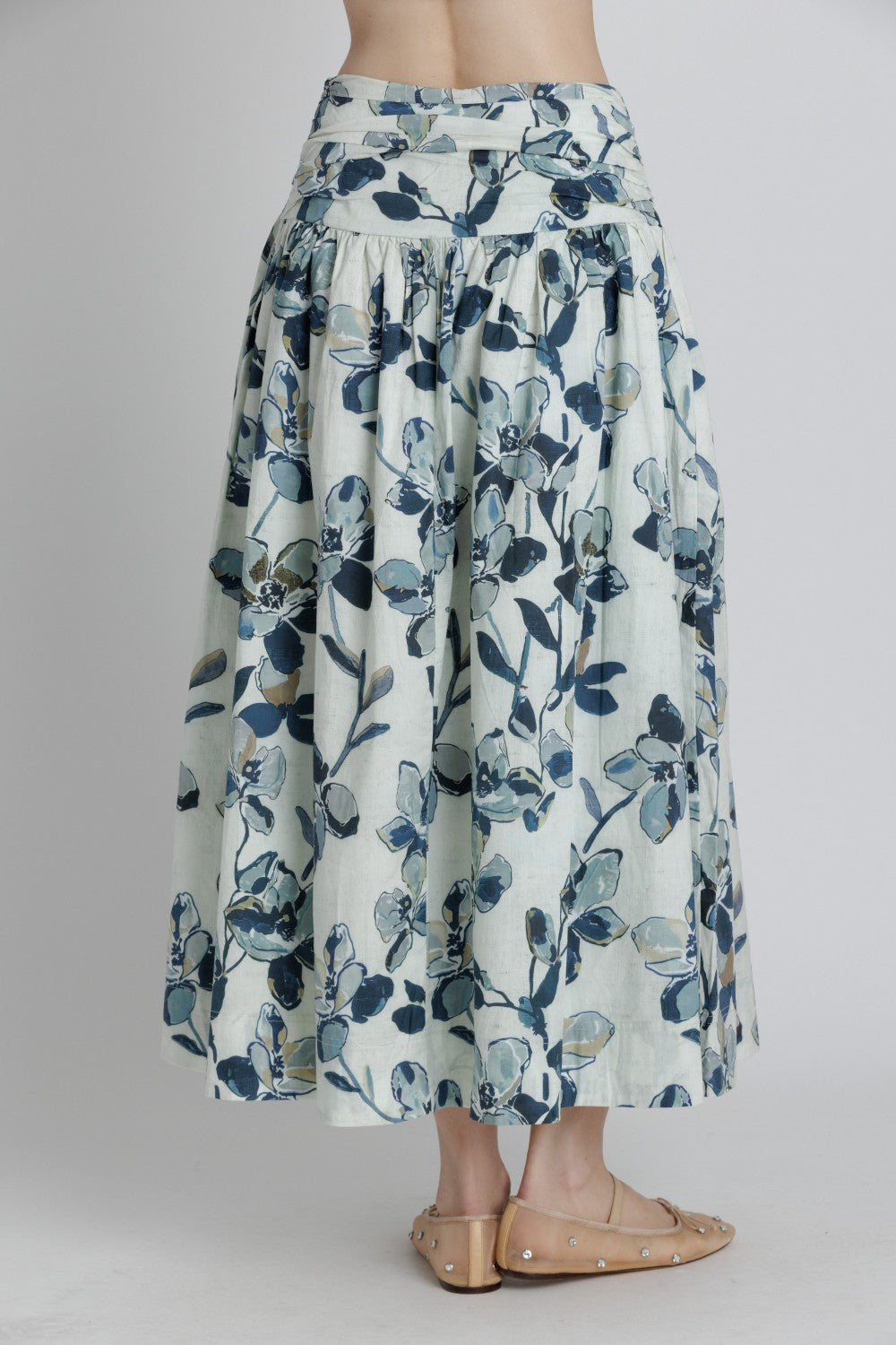 Printed Shirred Maxi Skirt - Navy