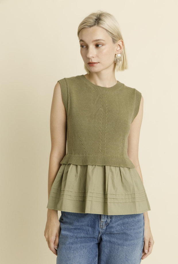 Voile Combo Knit Peplum Top - Olive