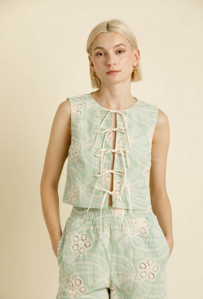 Eyelet Embroidered Top W/Ties - Green