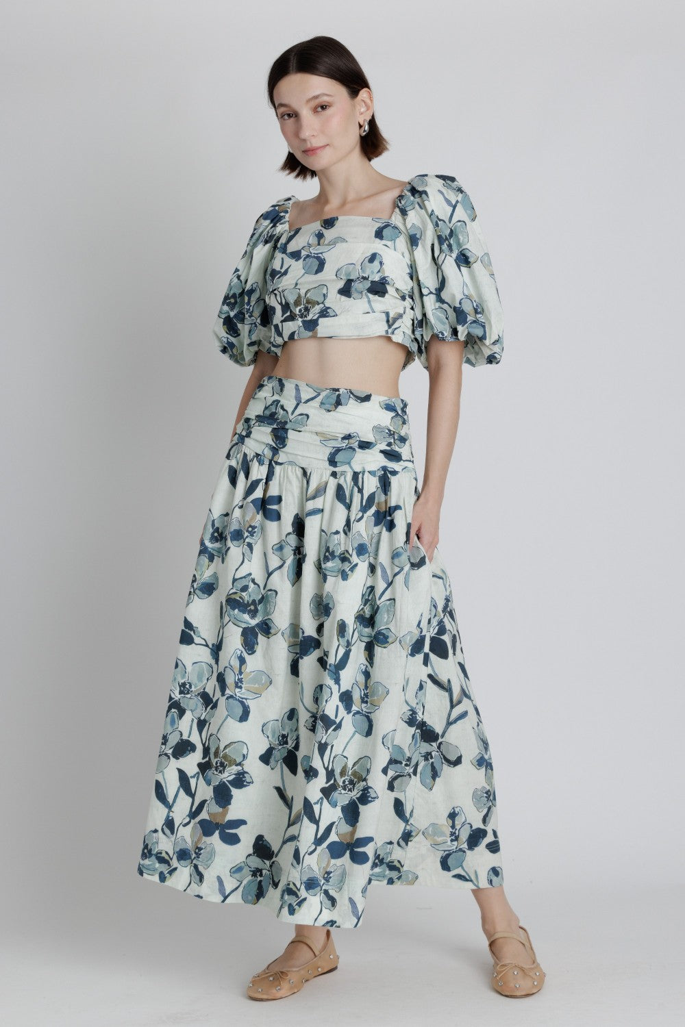 Printed Shirred Crop Top - Navy