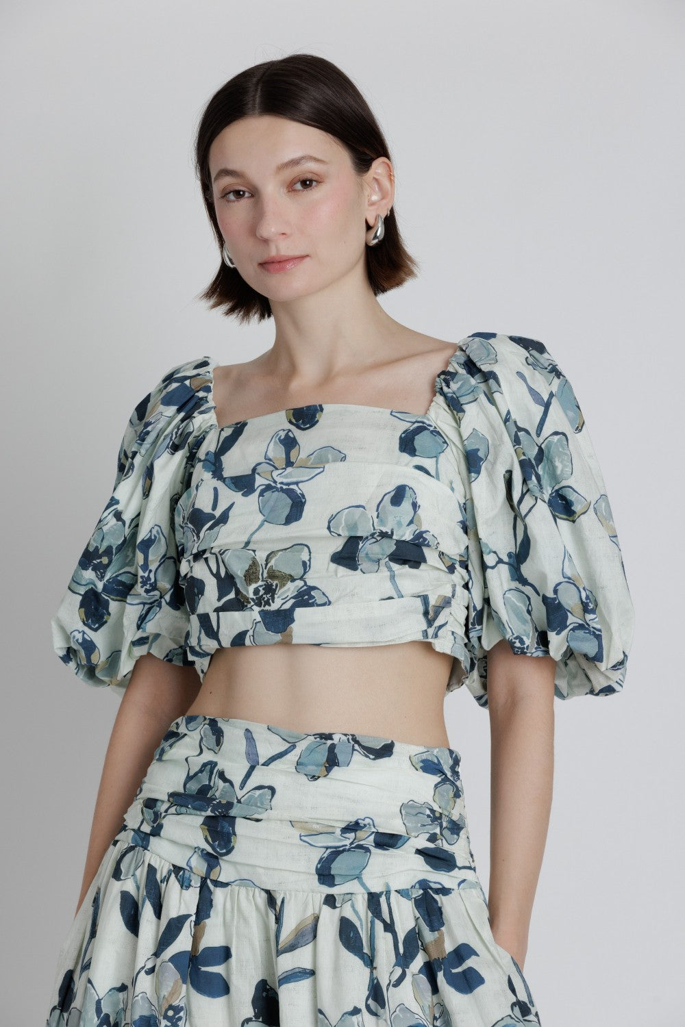 Printed Shirred Crop Top - Navy