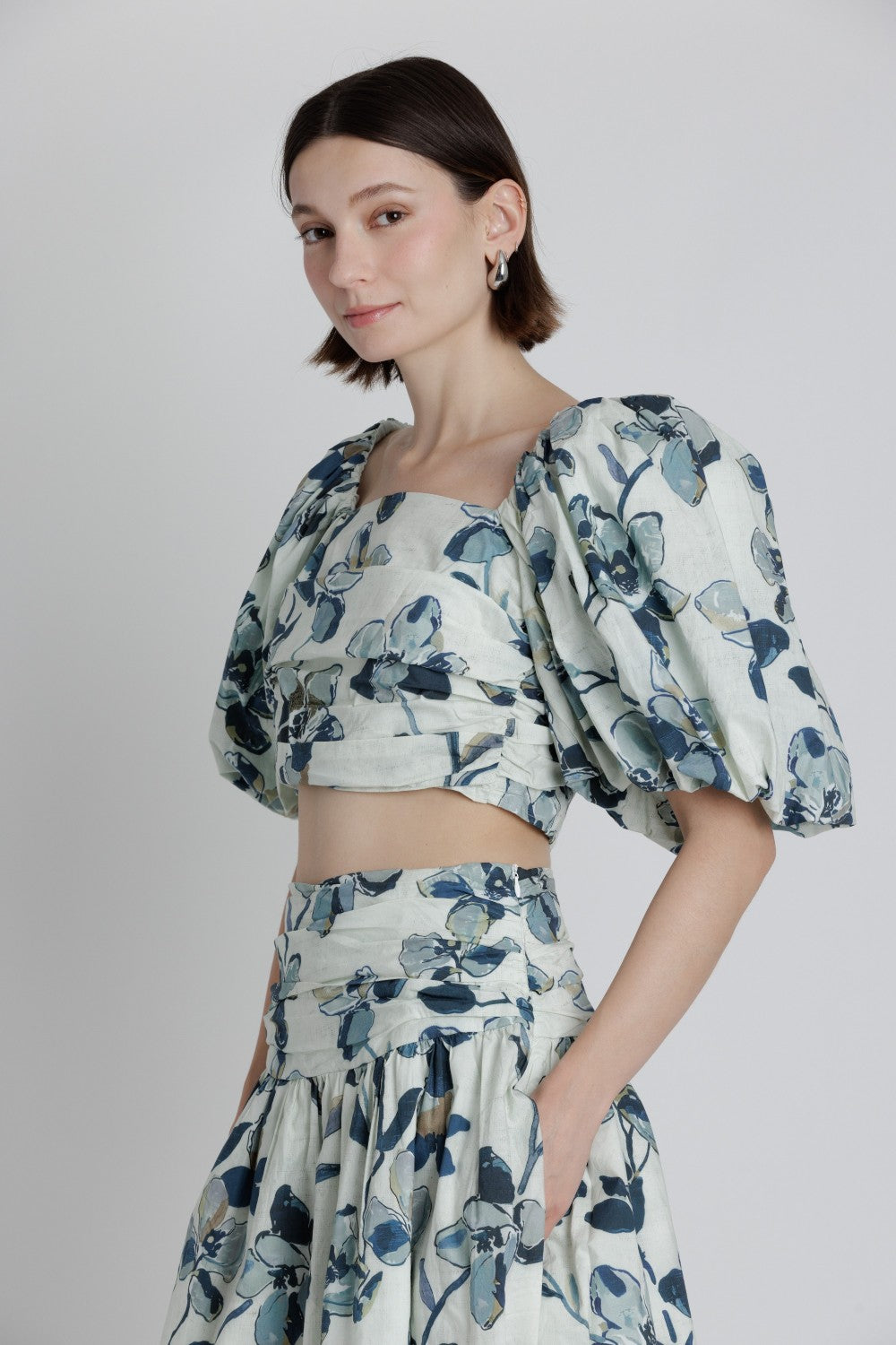 Printed Shirred Crop Top - Navy