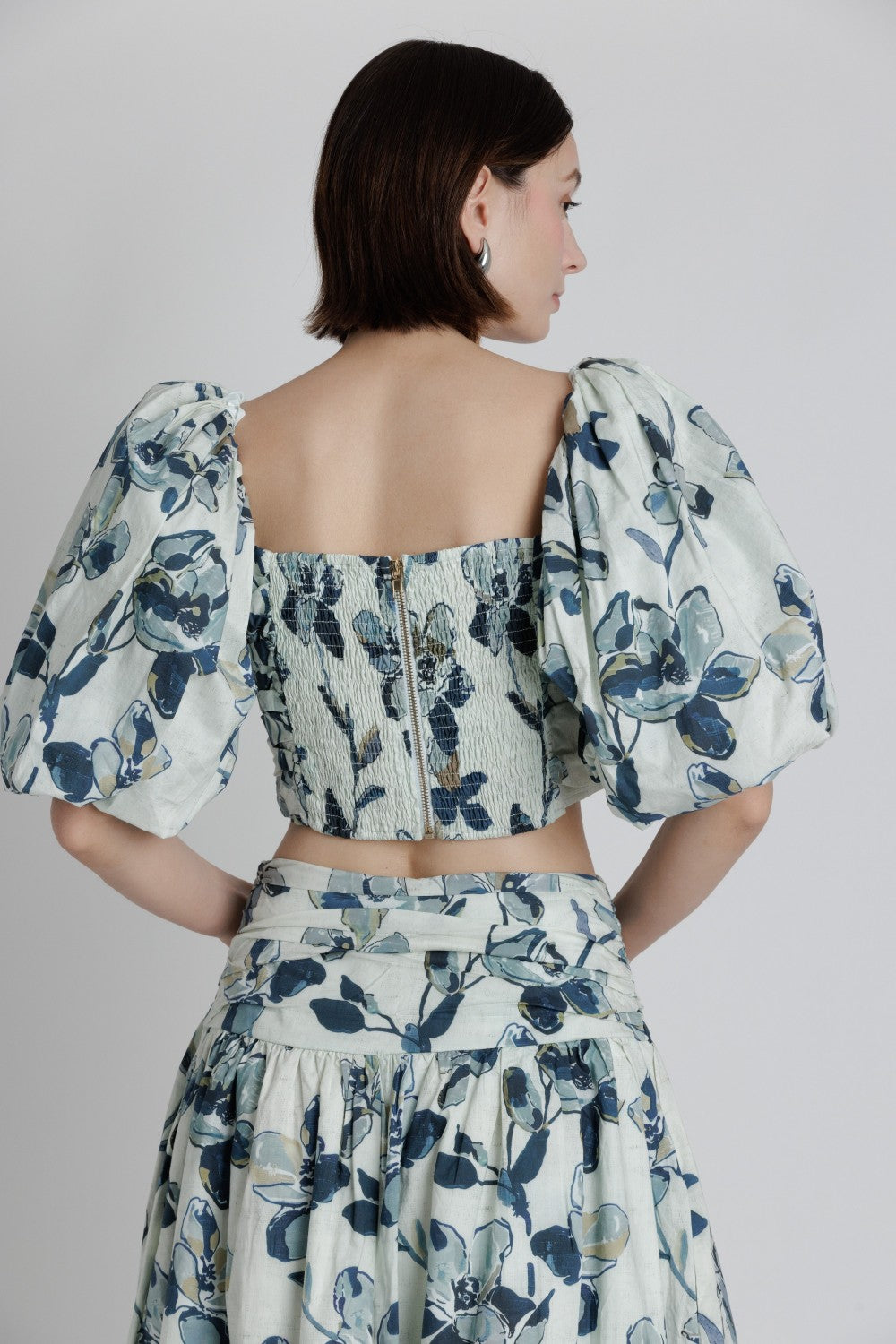 Printed Shirred Crop Top - Navy