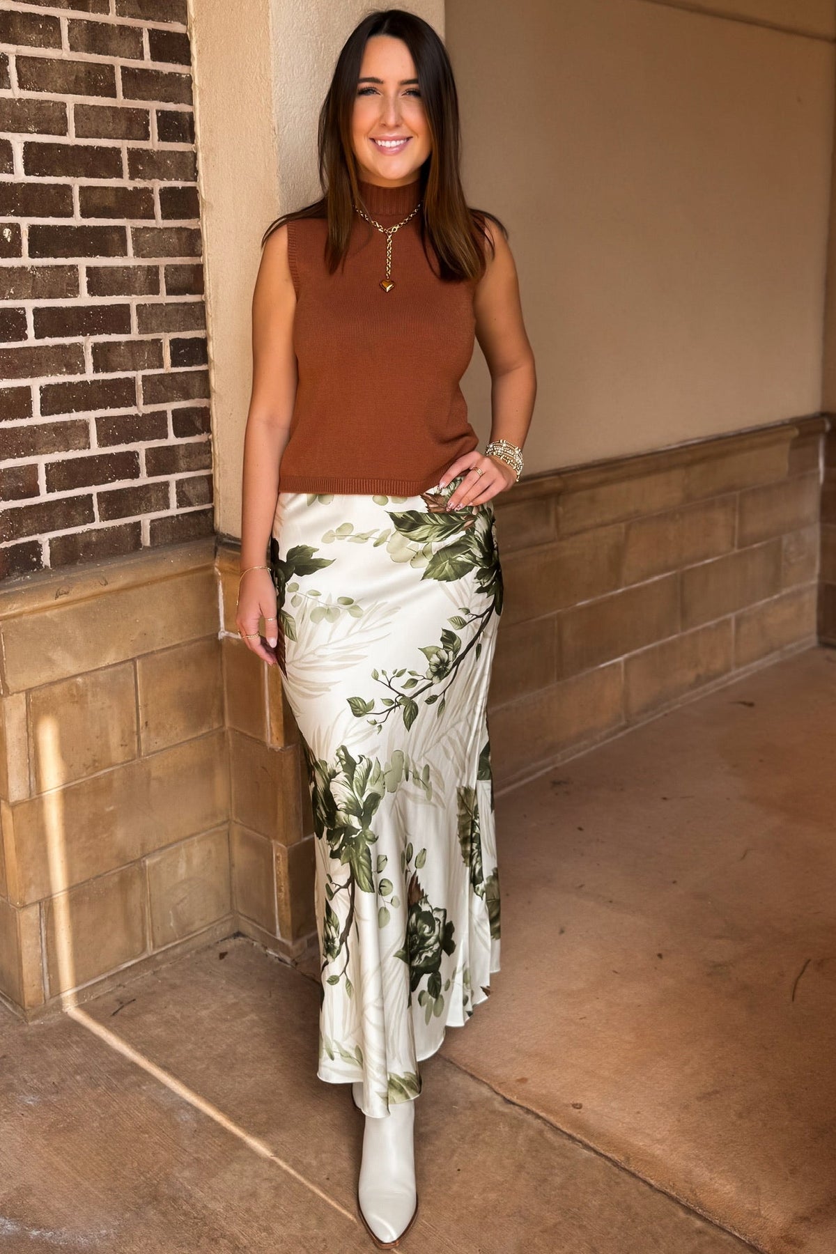 Chateau Garden Floral Print Silky Maxi Skirt - Green