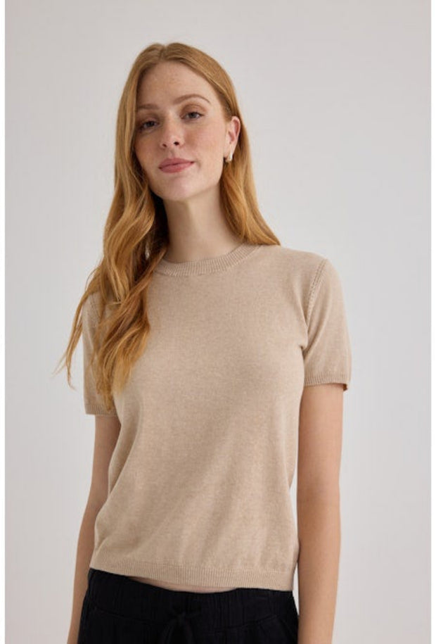 Short Sleeve Crew Neck Top - Sand