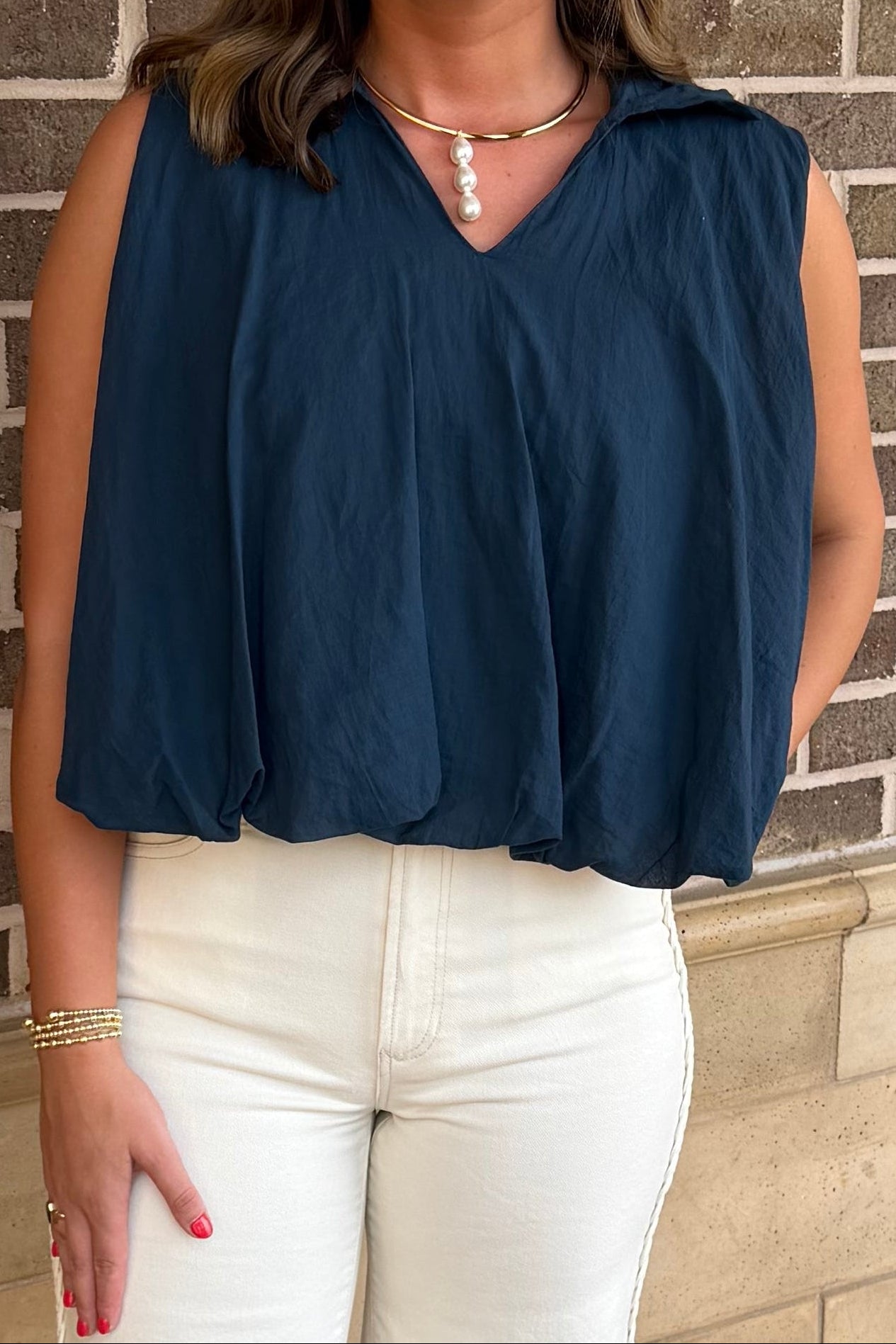 Sleeveless Collar Cotton Bubble Top - Navy Blue