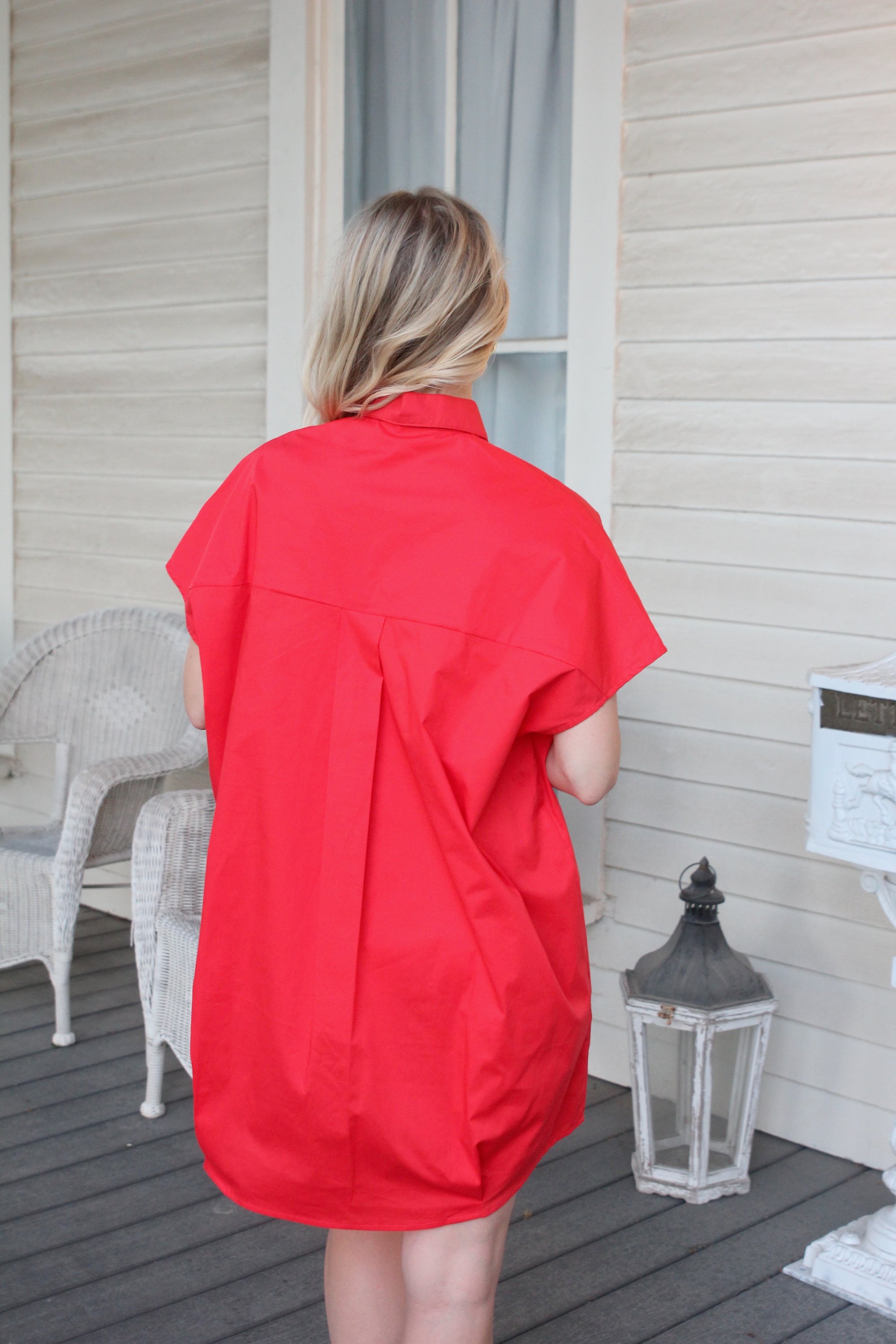 Solid Poplin V Neck Collar Signature Dress - Red