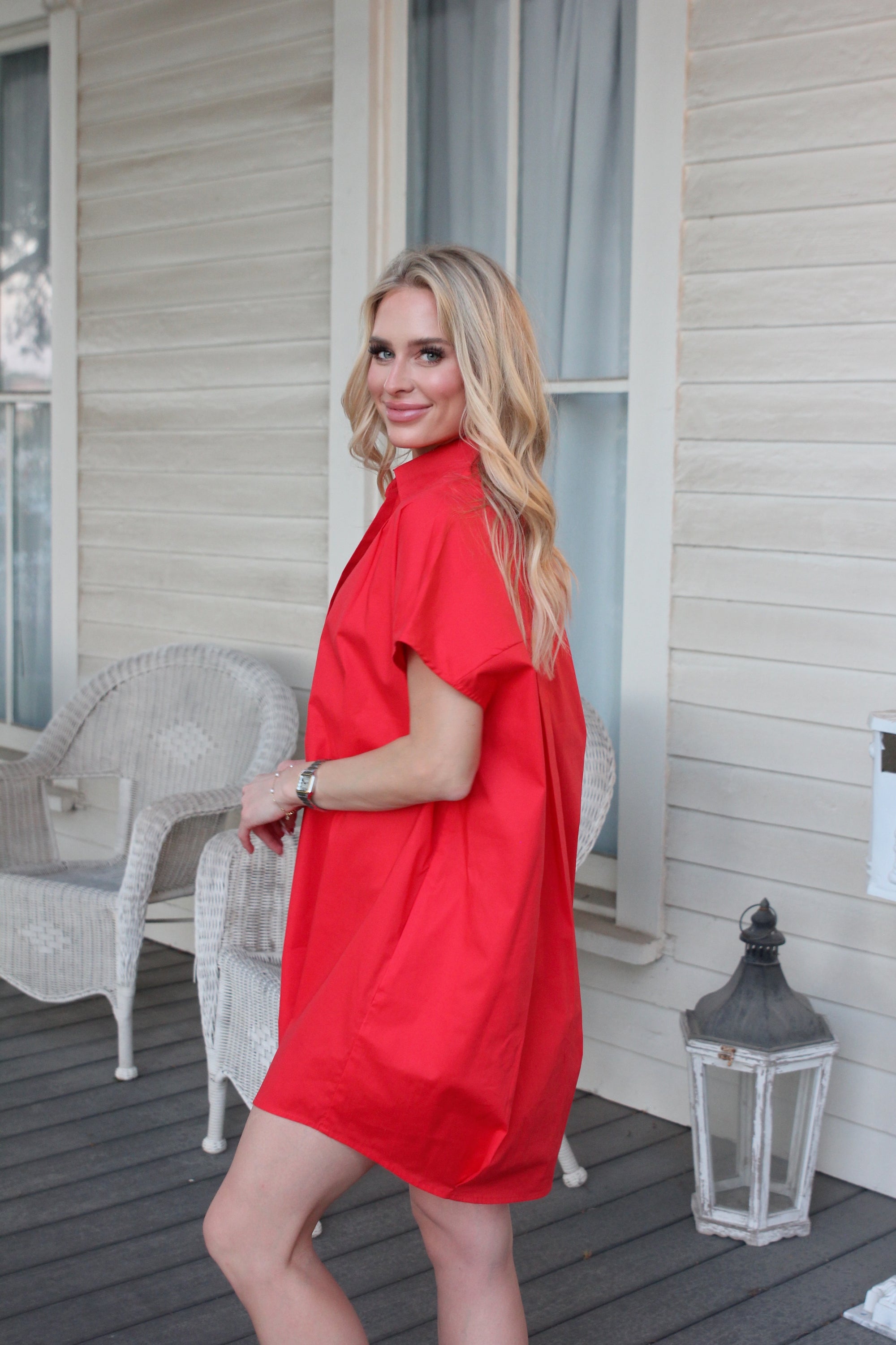 Solid Poplin V Neck Collar Signature Dress - Red