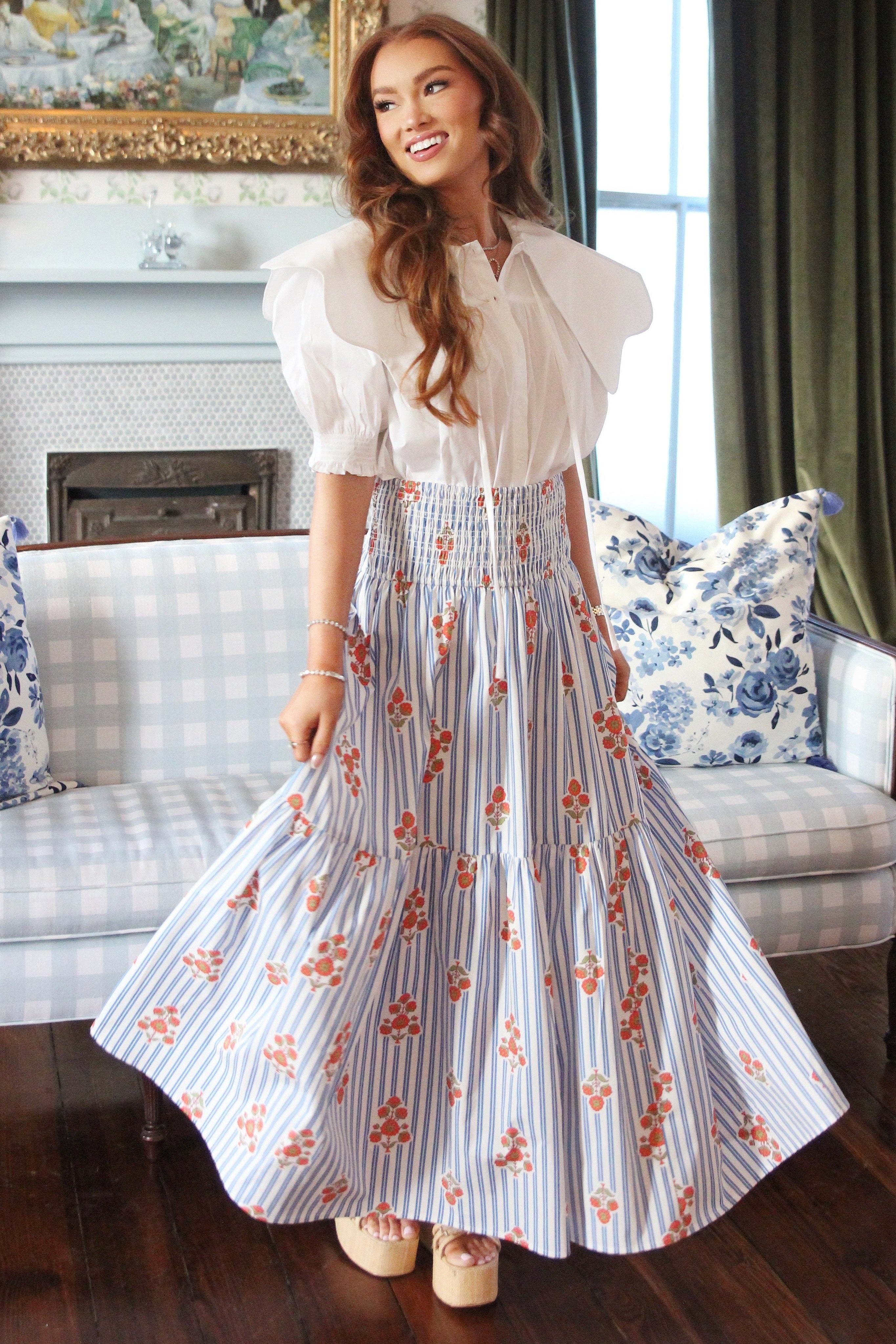 Stripe Floral Smocked Tier Maxi Skirt - White / Blue – Rumor Boutique
