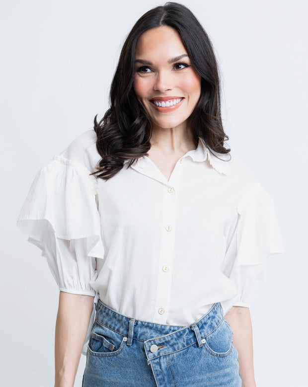 Solid Ruffle Novelty Top - White