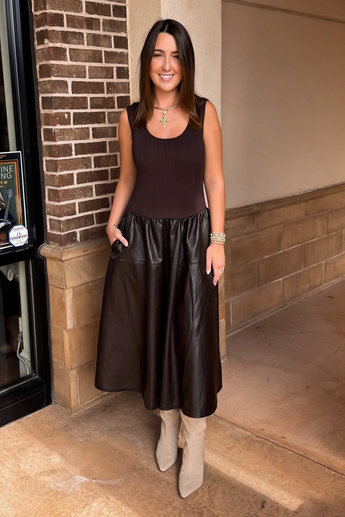 September Mixed Media Dress - Brown