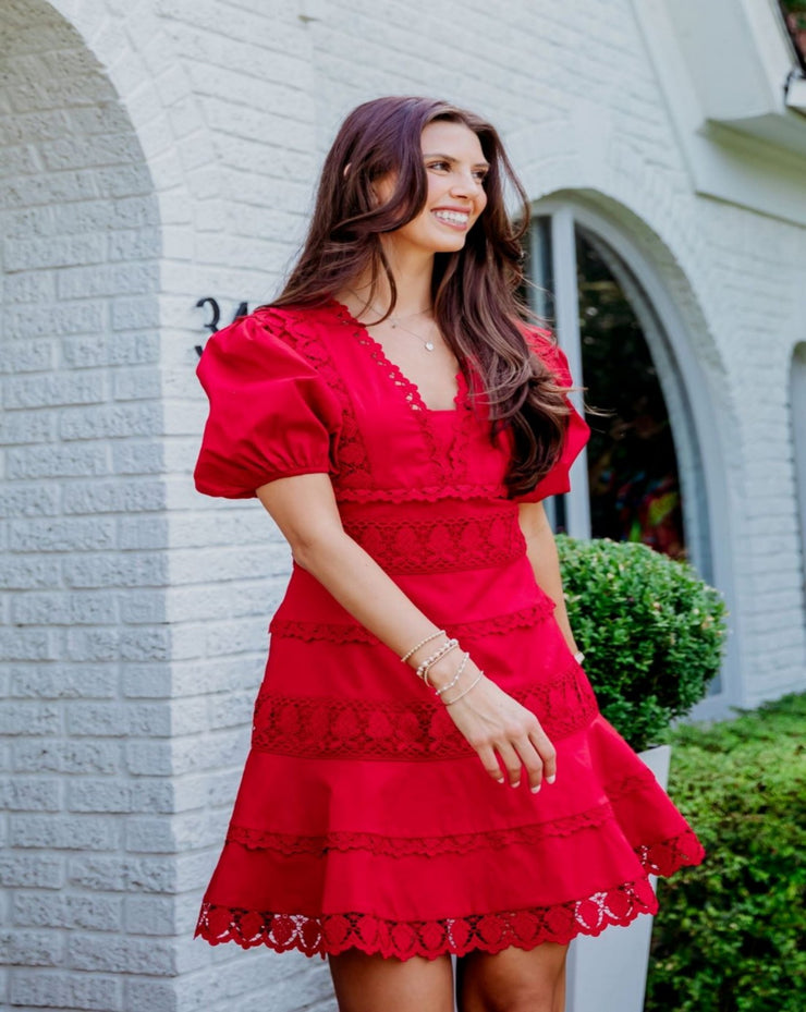 Solid Lace Trim Puff Sleeve Dress - Red